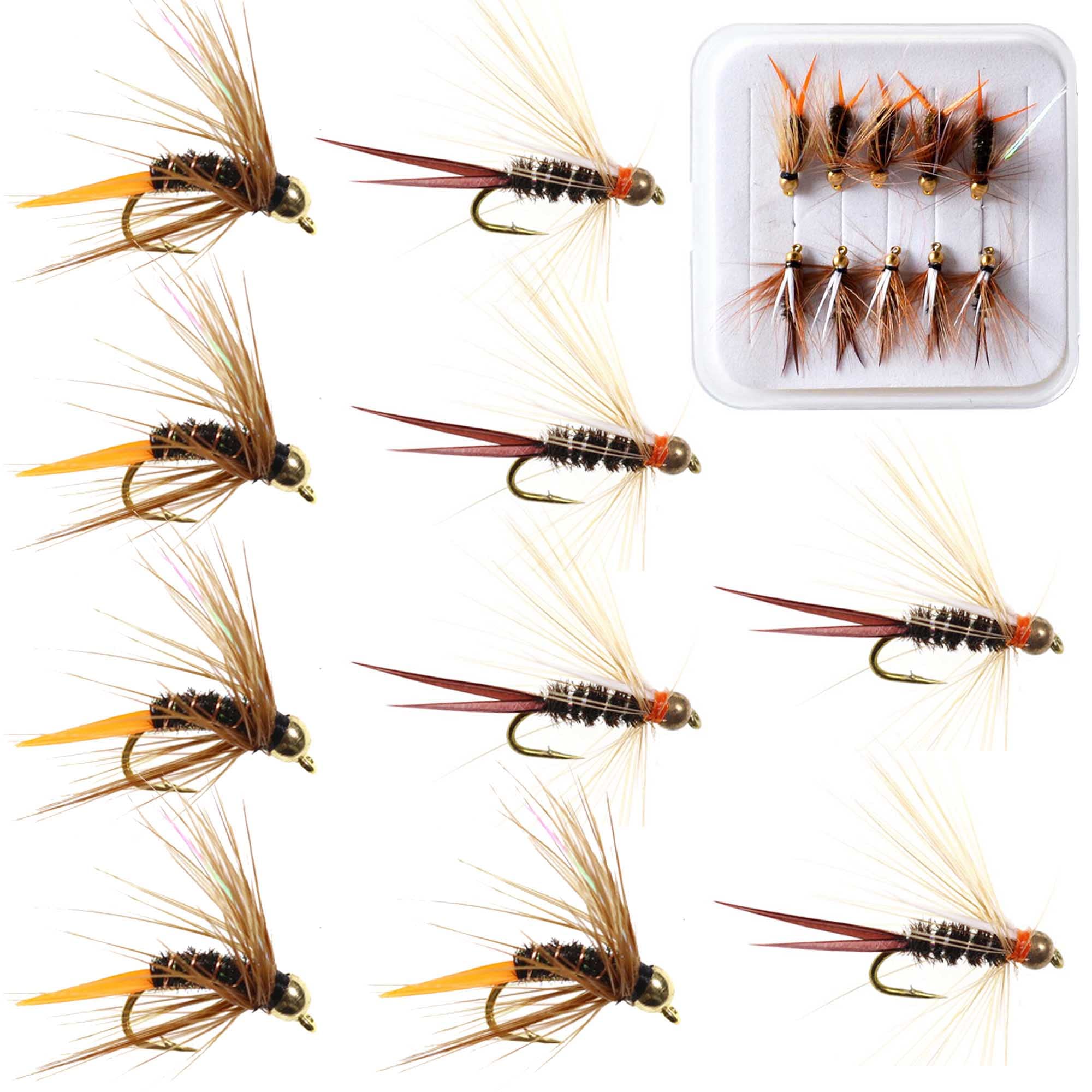 10pcs/Box Fly Fishing Flies Brass Bead Pheasant Tail Nymph Scud Fly Fishing Artificial Insect Bait Worm Fishing Lure Dry Flies/Nymph Flies/Attractor/Wet Flies for Trout