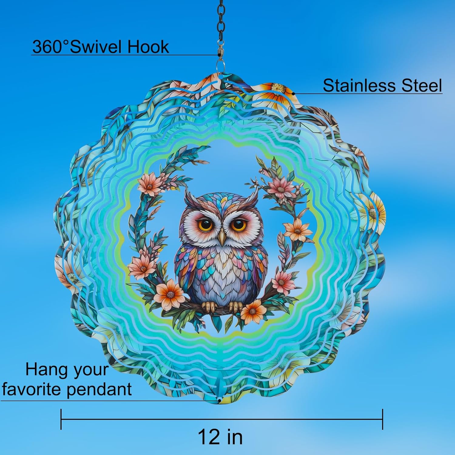 Metal Wind Spinners for Outdoor,Birthday Gifts for Women Mom Grandma, 12 Inch Owl Wind Spinner Bird Devices Deterrent to Scare Birds Away from Yard Patio Farm, Kinetic Sculpture Garden Decor 3D Owl
