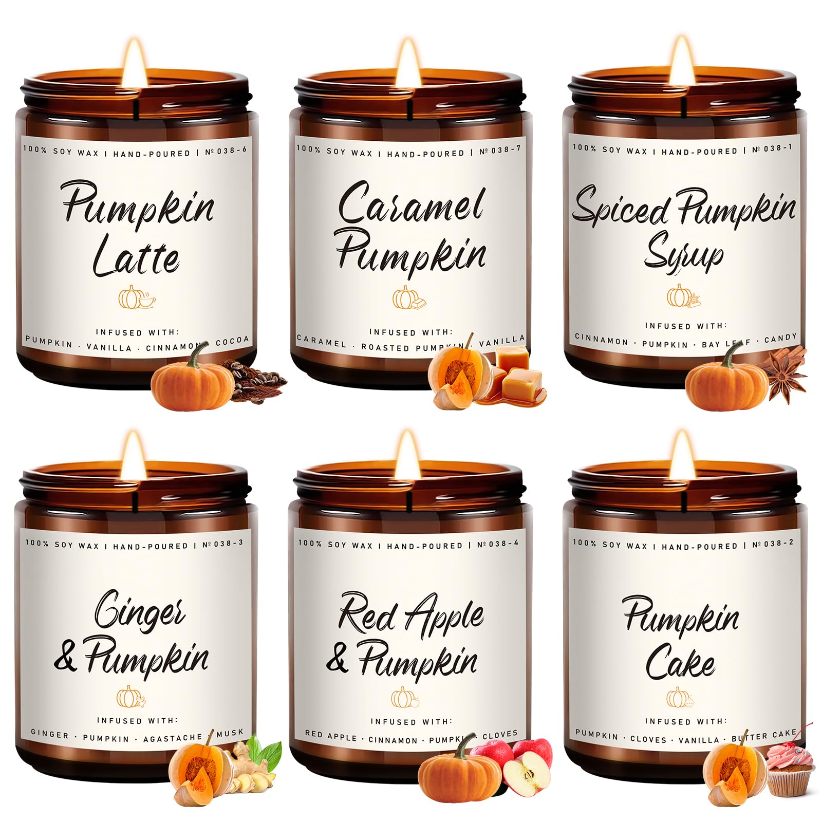 Auelife Scented Candles - Pumpkin Candle Set of 6 Ginger Apple Cake Caramel Latte Spiced Pumpkin Soy Candles
