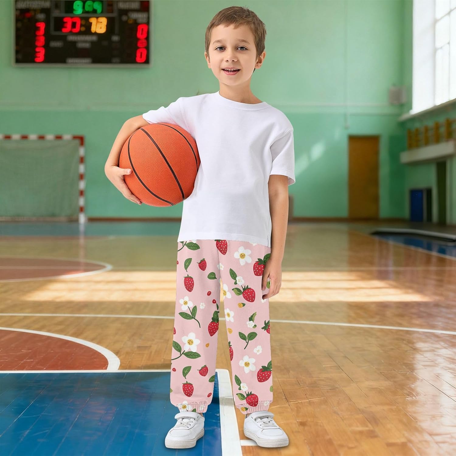 Boy Sweatpants Red Strawberry White Flower Joggers Casual Athletic Pants Kids Elastic Waist Cuffed with Pockets