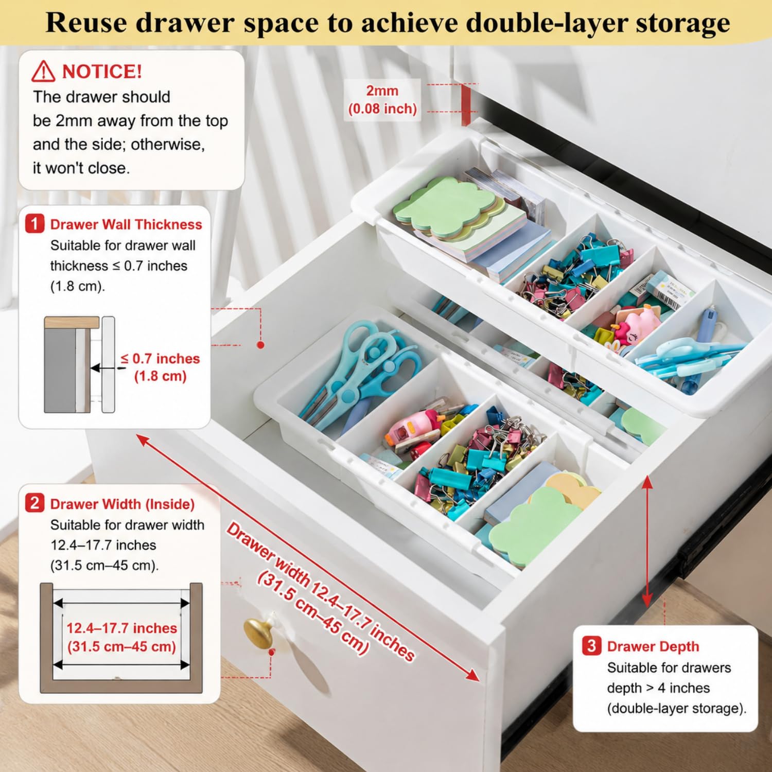 4 contenitori espandibili per cassetti, regolabili, profondi, da appendere, vassoi espandibili da 20 a 46 cm, divisori in plastica per ufficio, bagno, camera da letto, cucina, scrivania