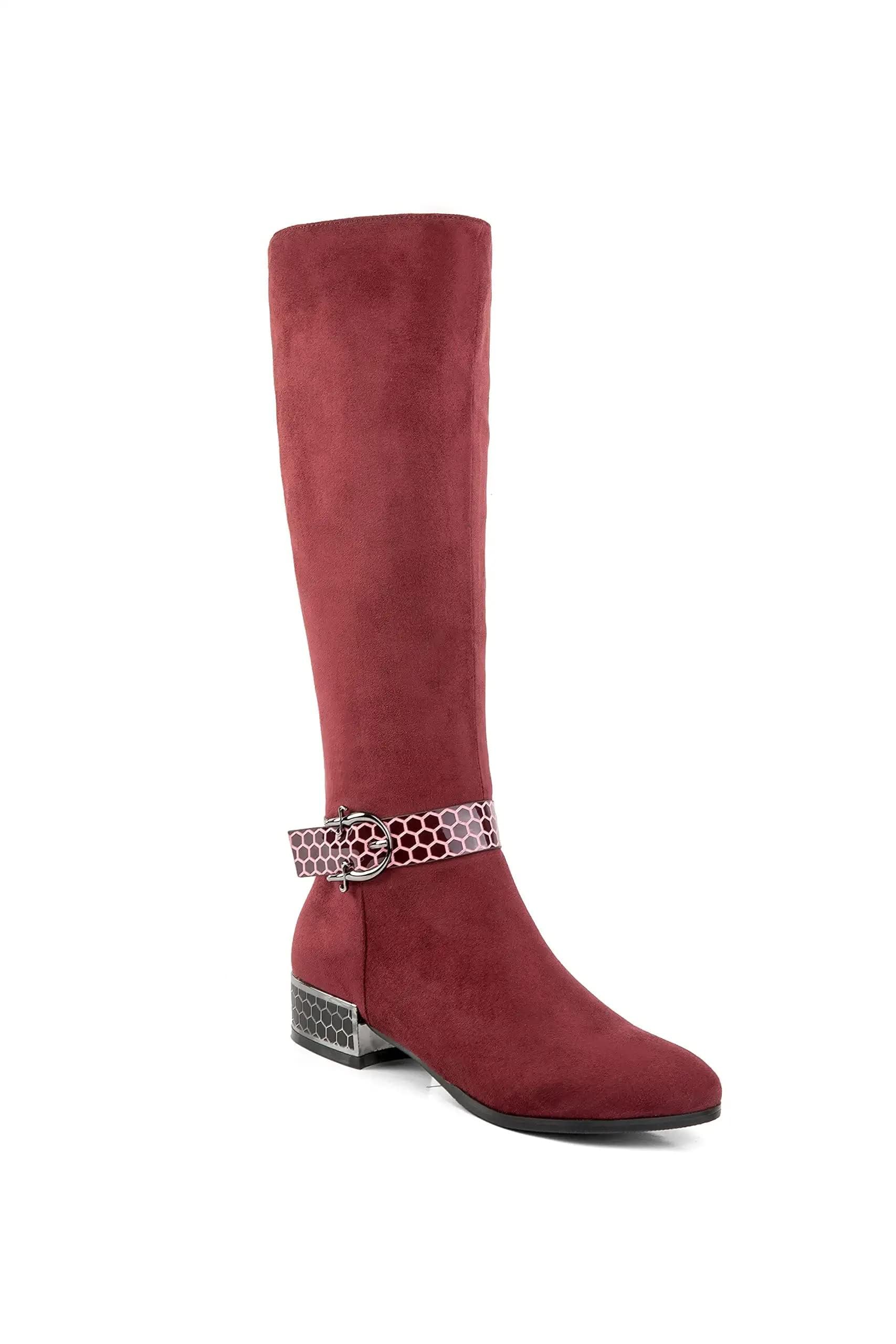 ANN CREEK Womens Orizea Low Block Heel Beehive Patterned Straps Faux Suede Boots