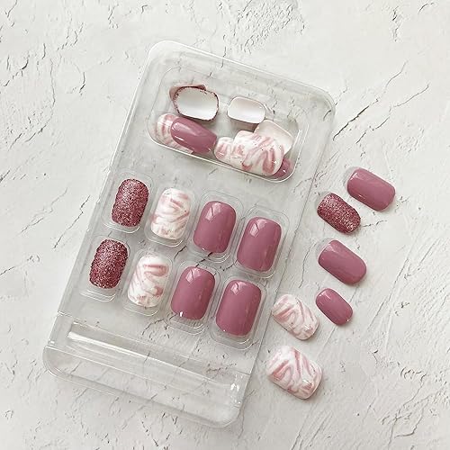 Miniatura 9 de Uñas postizas cortas a presión, uñas postizas cuadradas acrílicas con diseños morados y rosas brillantes, uñas adhesivas de cobertura completa, uñas