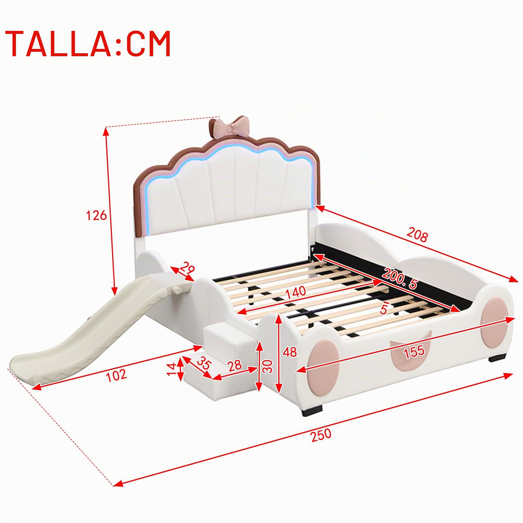 Cama Infantil de 140 x 200 cm, diseño de Dibujos Animados, Cama Individual con Mariposas, Cama Acolchada con luz LED Que Cambia de Color, Mando a Distancia, Equipada con tobogán y Escalera