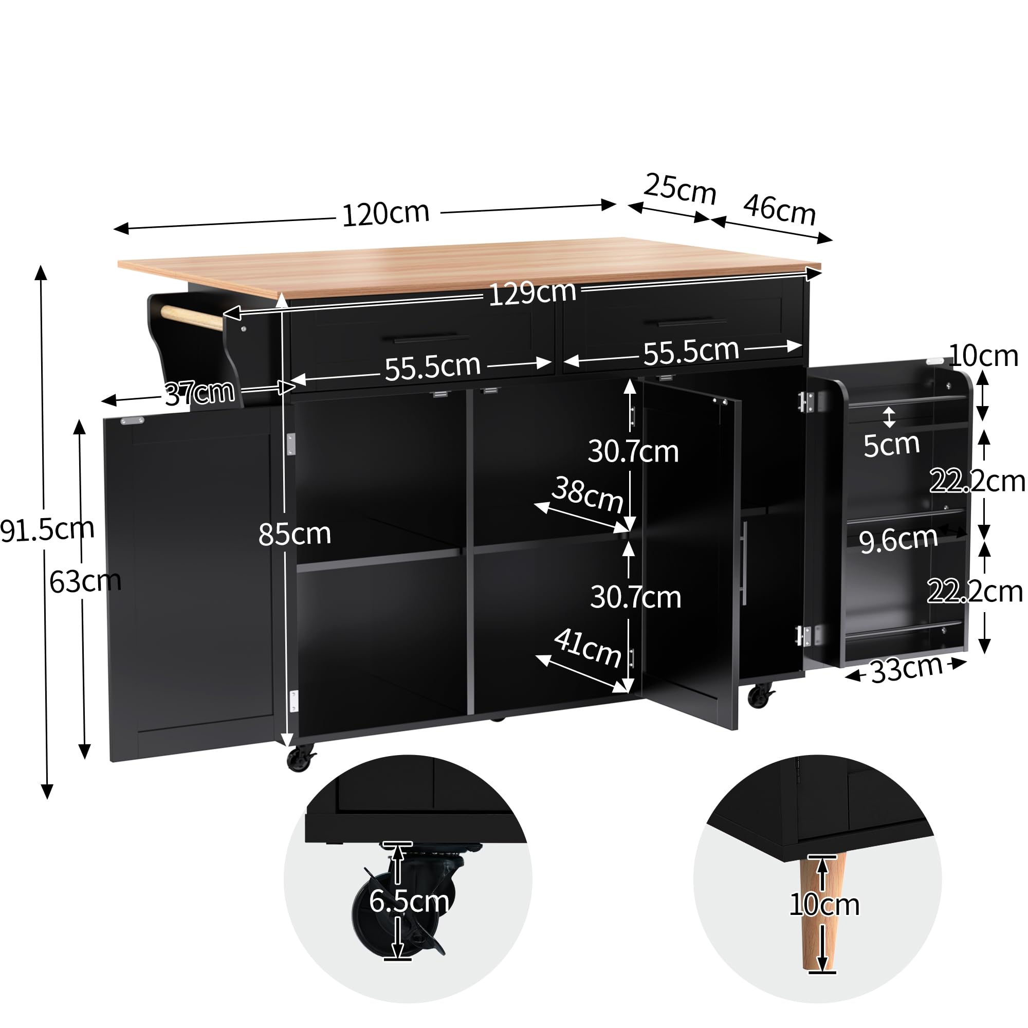 DRIXNO Kücheninsel Freistehend mit Klappbarer Arbeitsplatte Küchenschrank Küchenwagen auf 5 Rollen, mit Ablage und 2 Schubladen, Schwarz Für Esszimmer 129 * 71 * 91.5cm