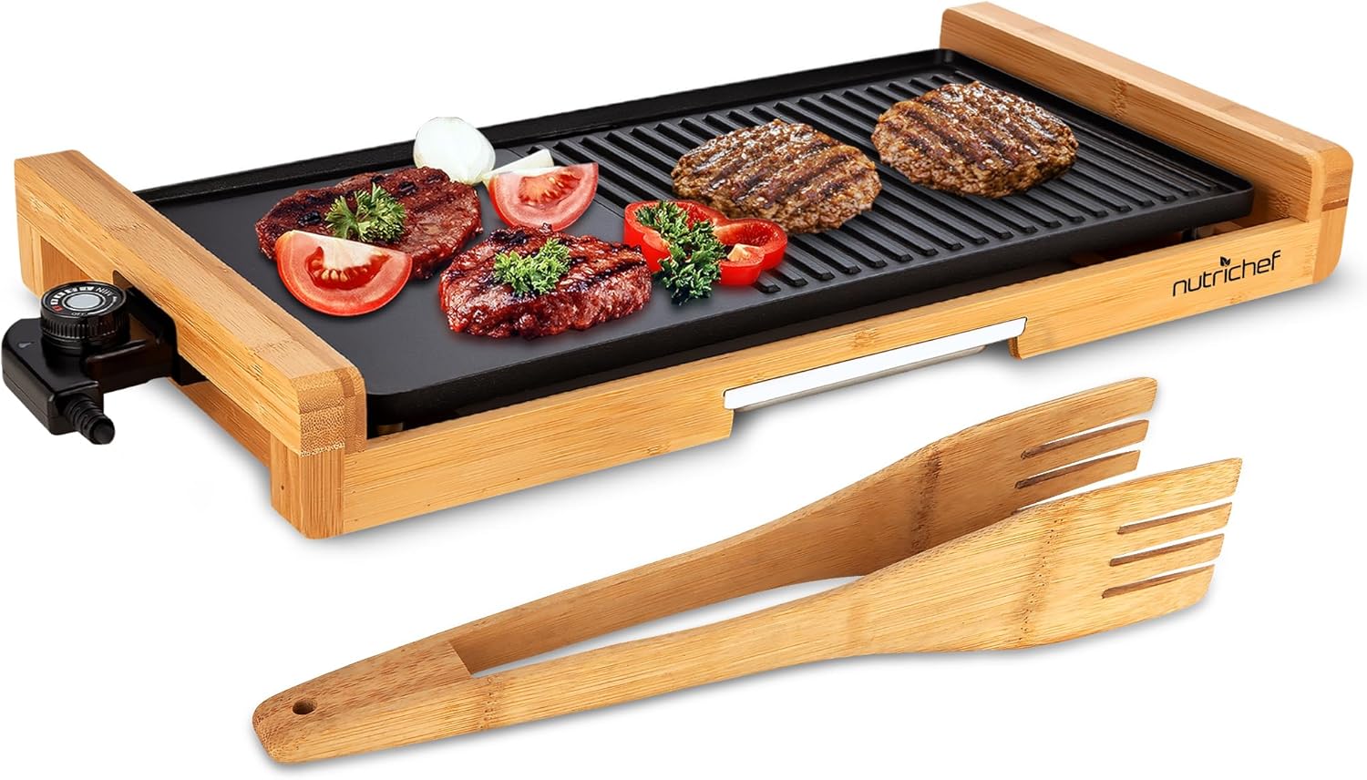 NutriChef 2 In 1 Indoor Grill & Griddle, Smokeless Nonstick Electric Grill and Griddle with Wooden Thong, 250 - 460°F Adjustable Temperature