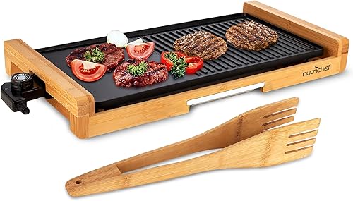 NutriChef Parrilla y plancha para interiores 2 en 1, parrilla eléctrica antiadherente sin humo con correa de madera, temperatura ajustable de 250 a