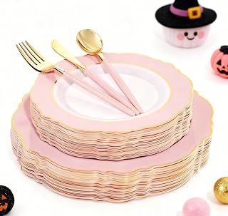 WDF 30Guest Pink Plates Disposable - Hign-end Baroque Design - Gold Plastic Silverware with Handle-Baroque Pink &Gold Plastic Dinnerware for Wedding/Baby Shower