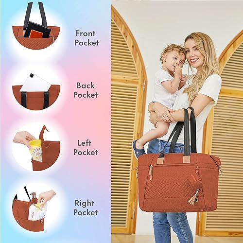 Miniatura 5 de Dikaslon Bolsa de pañales con funda para chupete y cambiador, bolsa de pañales de viaje grande para mamá y papá, Caramelo