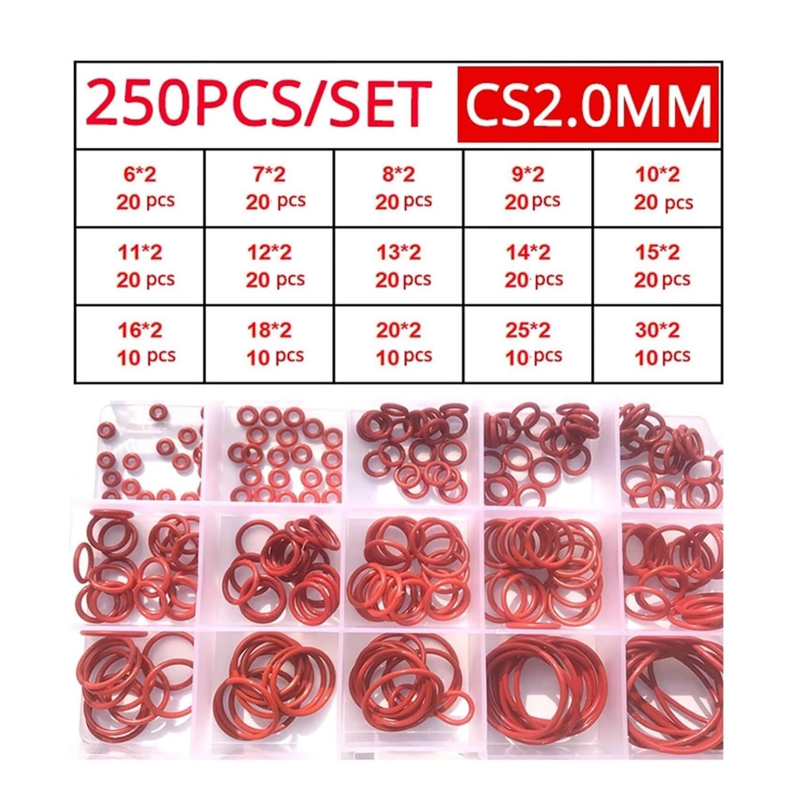 O-ring in silicone rosso 250-100 pezzi O-ring Guarnizione in silicone rosso O-ring di tenuta Rondella in silicone Set di kit assortimento di O-ring in gomma (Rosso 2,4 mm (1 set))(Red 2.0mm (1set))