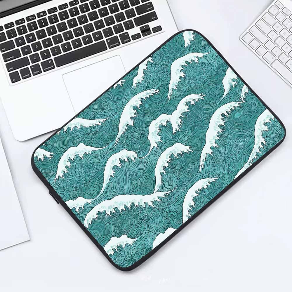 Laptop Sleeve Bag 15.4 15.6 Inch,Sea Wave Japanese Style Water Green Protective Polyester Computer Cases Laptop Cover Briefcase Bag Tablet Travel Cover - Image 5