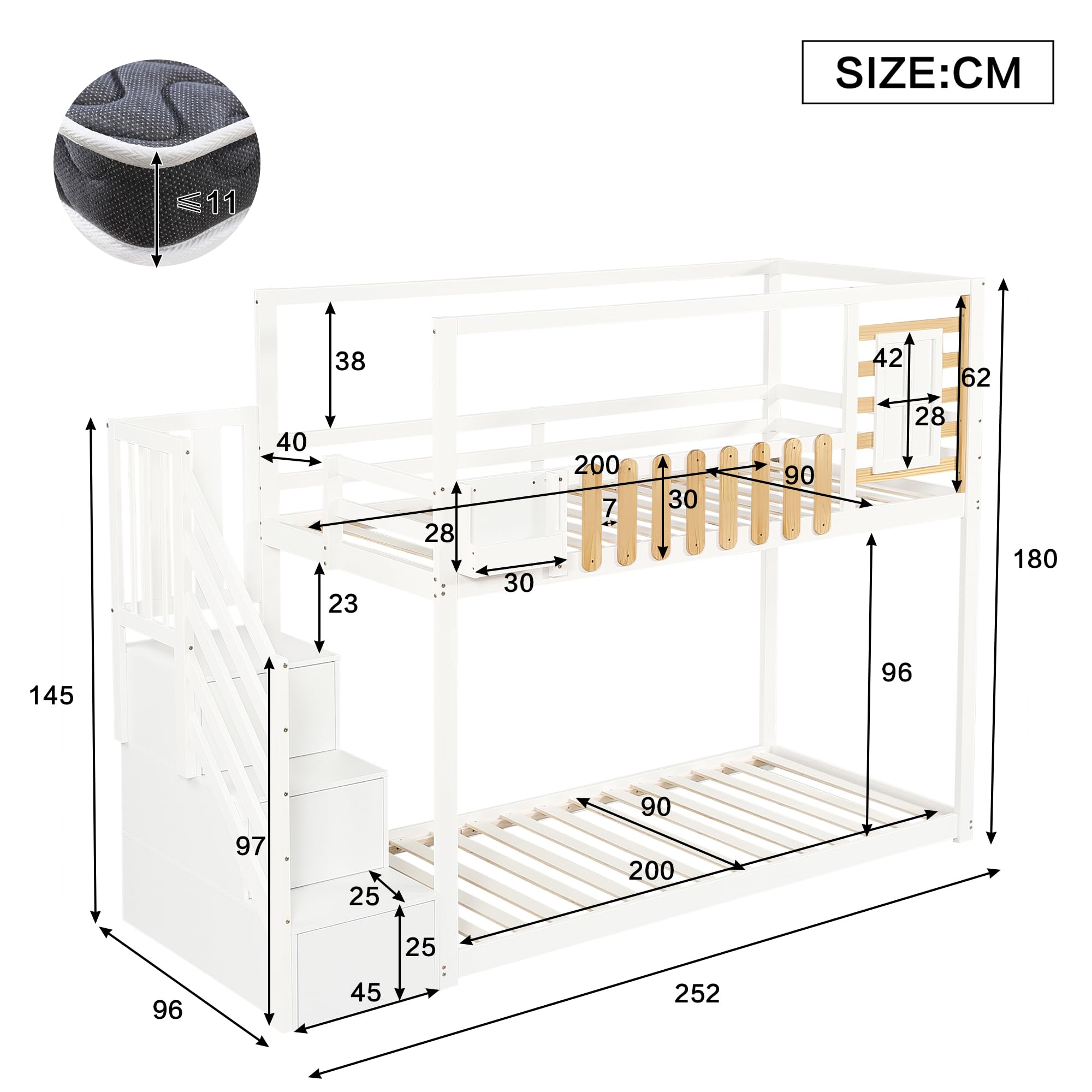 Aoskem Kinderbett Etagenbett 90x200 cm für 2 Kinder, Hochbett Hausbett mit Treppe Stauraum, Holzbett mit Fenster & Gitter, Bettgestell Kinderbett mit Rausfallschutz & Lattenrost, Ohne Matratze, Weiß