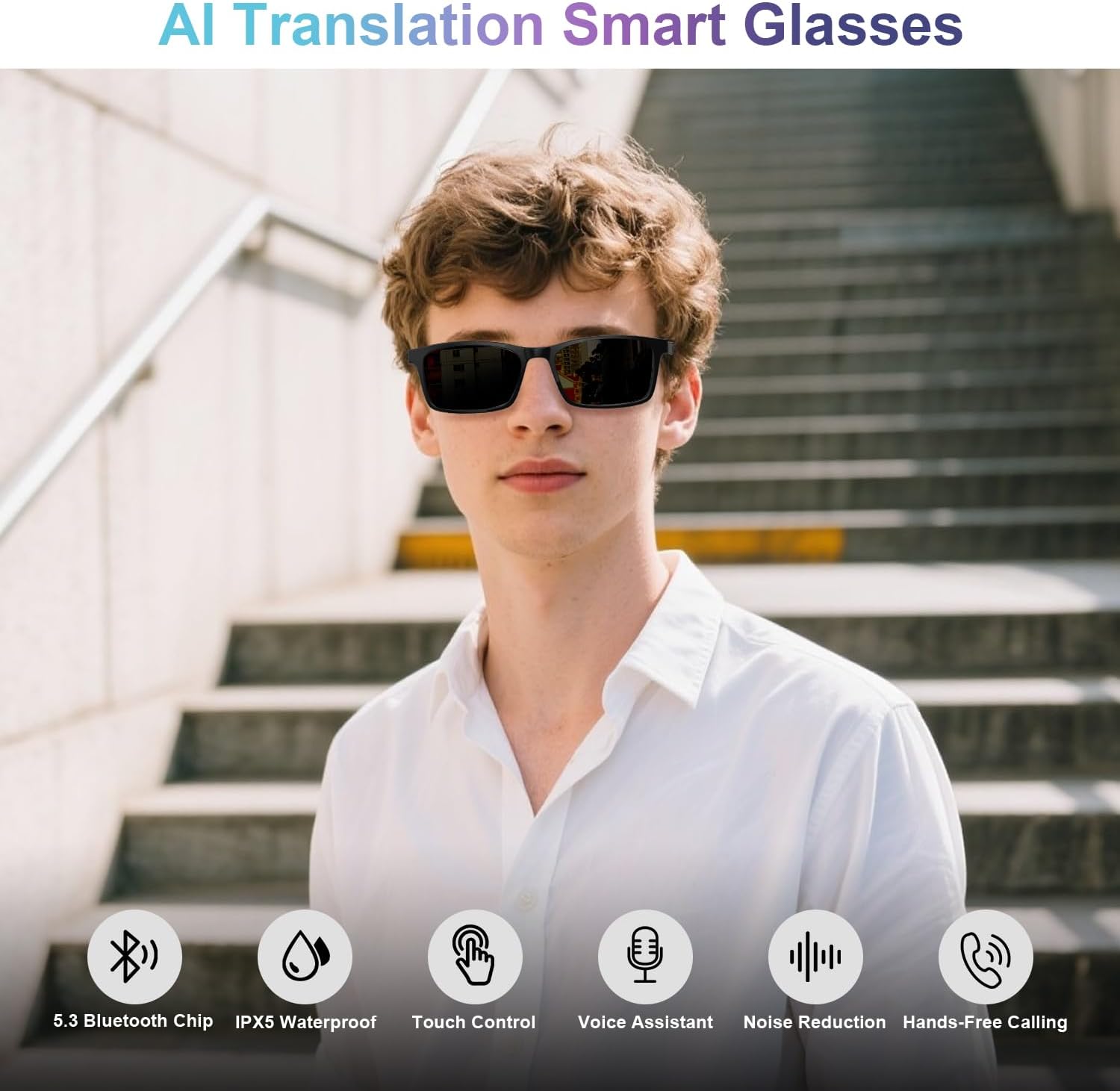 AI Smart Glasses for Men Women, Real-Time Translation, Support 160+ Languages, Video/Audio Calls, AI Noise Reduction, Extra Sunglasses Lens Included, Bluetooth Eyewear for Indoor Outdoor