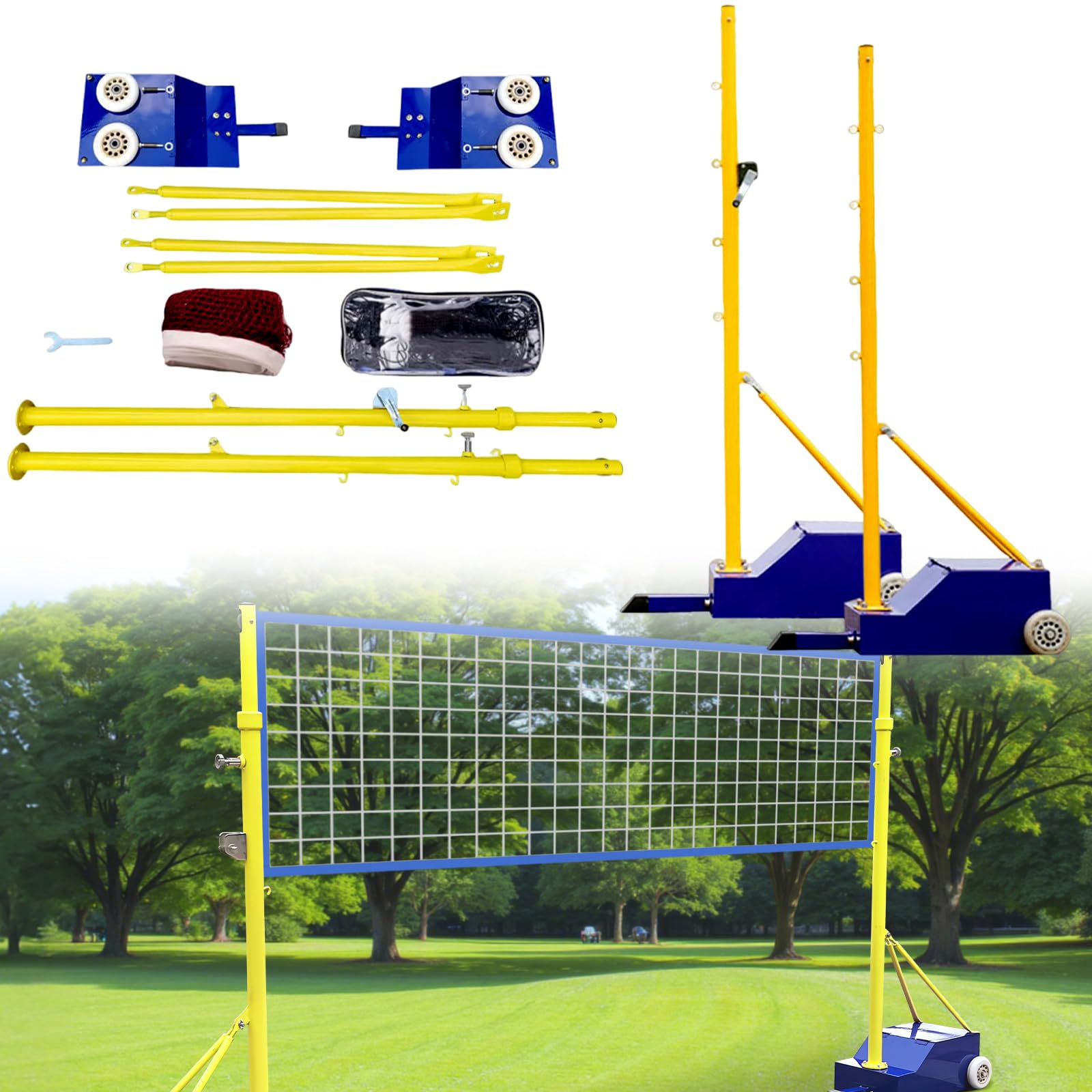 Poteaux de Volley-Ball pour Jardin, avec Filet de Volley-Ball/de Badminton, poteaux de Volley-Ball Robustes pour intérieur et extérieur, hauteurs réglables avec Roues et 2 Filets