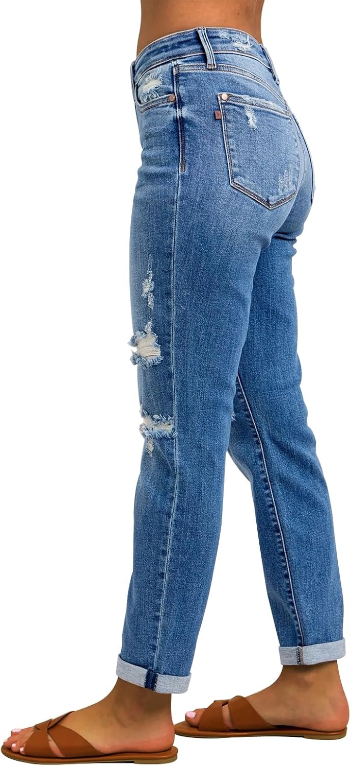 KUNMI Women's Ripped Mid Waisted Boyfriend Jeans Loose Fit Distressed Stretchy Denim Pants - Image 3