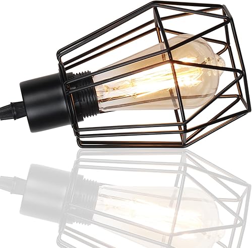 Miniatura 6 de Apliques de pared, lámpara de pared con cable enchufable, juego de 2 con pantalla de jaula de metal, luces de pared de madera maciza para