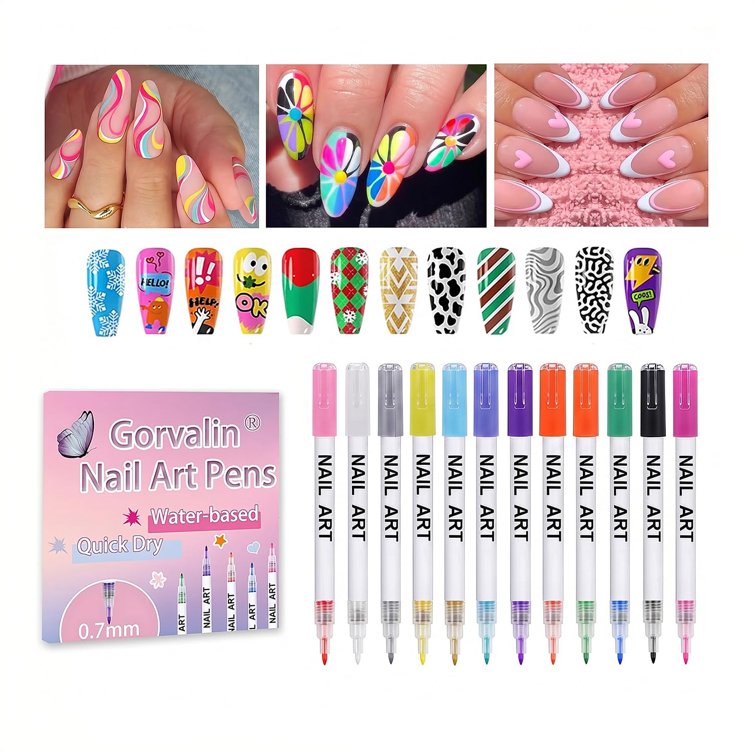 Gorvalin 12 Colors Nail Art Pens, 3D Nail Point Graffiti Dotting Liner Pen Sets Nail Art Painted Pen Drawing Nail Design