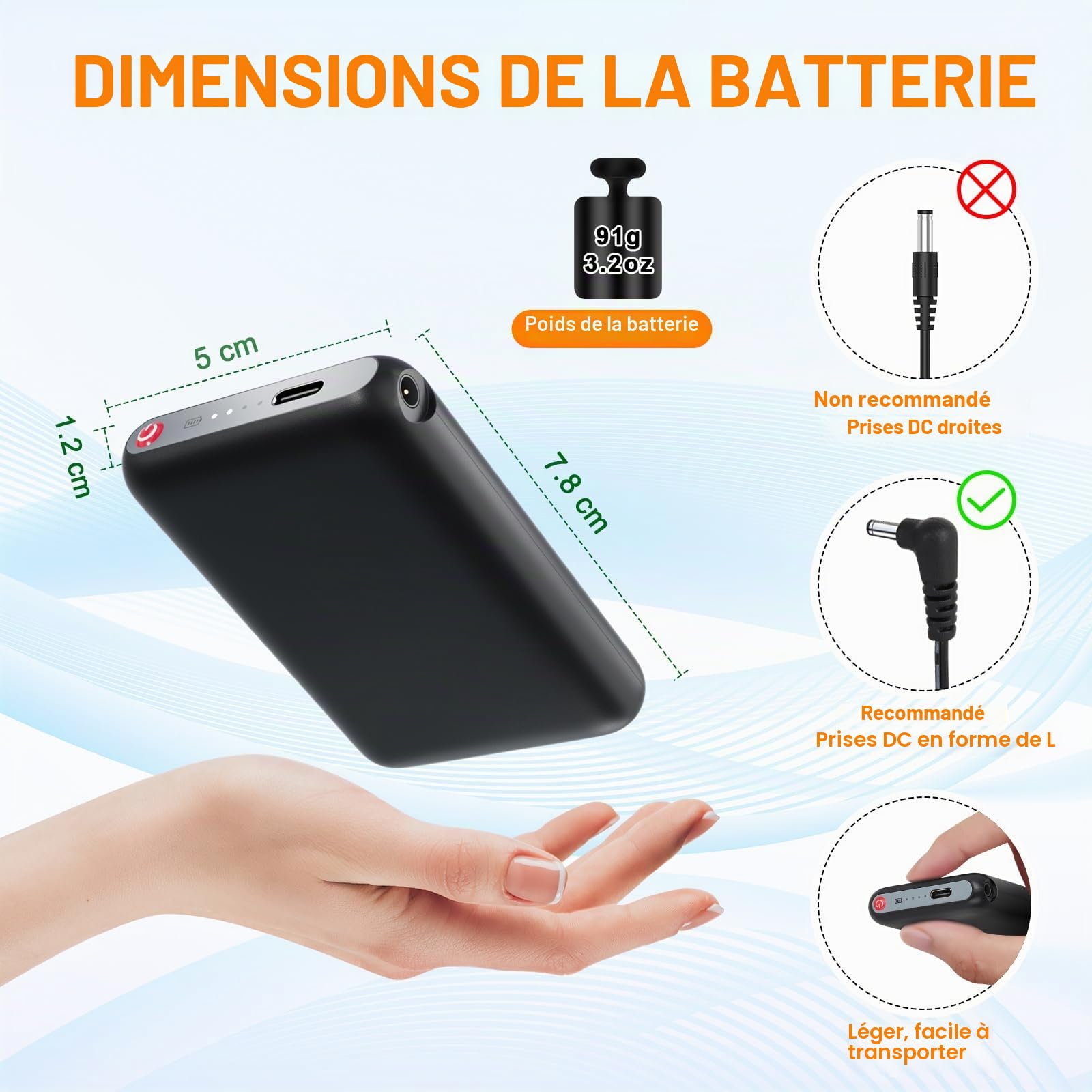 Batterie rechargeable Li-polymère 5 V 5000 mAh, chaussettes chauffantes rallongent les piles, sortie DC 3,5 × 1,35 mm, batterie de rechange pour pantoufles, gants, chapeaux - Ne prend pas en