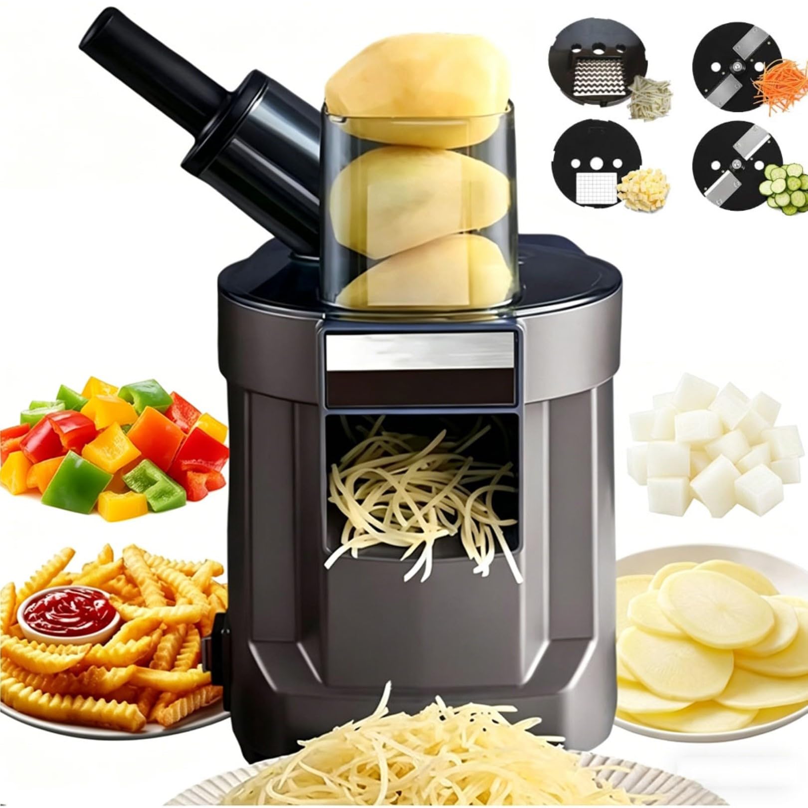 Tritatutto elettrico 4 in 1 con lame in acciaio inox per sminuzzare, triturare, affettare e patatine fritte, doppia porta di scarico, grande capacità per uso domestico e commerciale