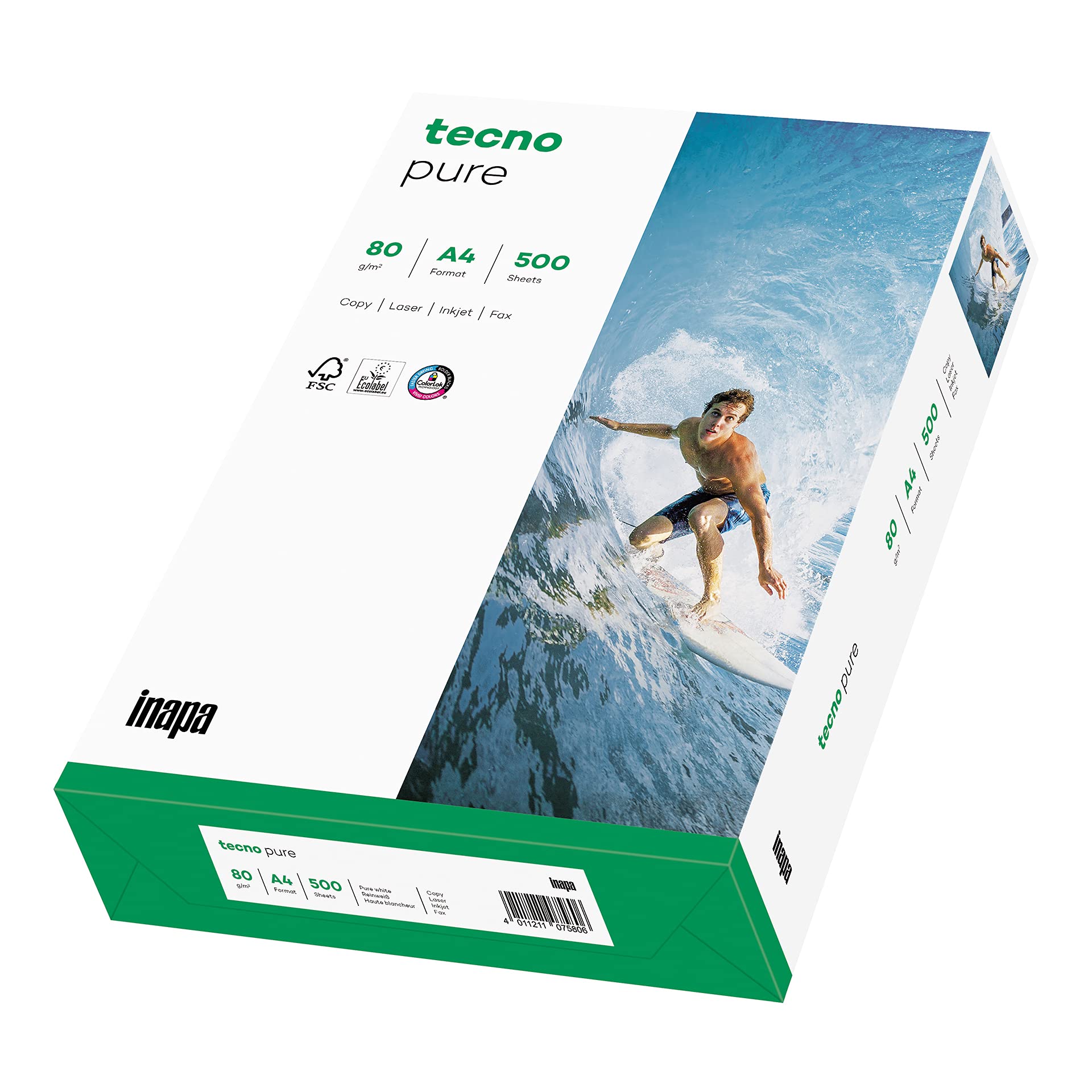 Tecno Czysty papier reprograficzny, 100% z recyklingu, bardzo biały, 80 g, A4, FSC, karton 5 x 500 arkuszy