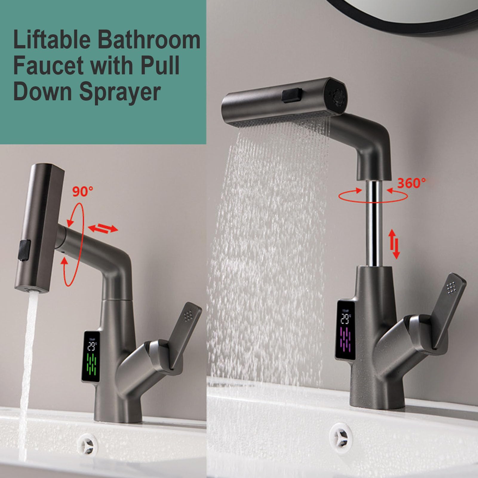 Grifo de baño con rociador extraíble, Grifo de Lluvia con Pantalla LED de Temperatura para Lavabo de baño, Grifo de baño elevable, Grifo Mezclador de Lavabo de una manija, Gris