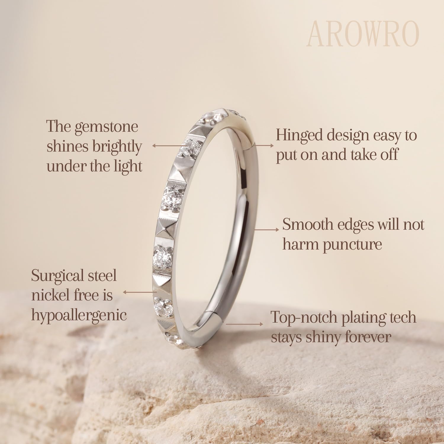 AROWRO Cartilage Earrings for Women Men Nose Rings Hoops Conch Piercing Jewelry Helix Hoop Daith Rook Tragus Surgical Steel Clicker with Cubic zirconia Gold Silver Black Rose Gold 16G 18G image 2