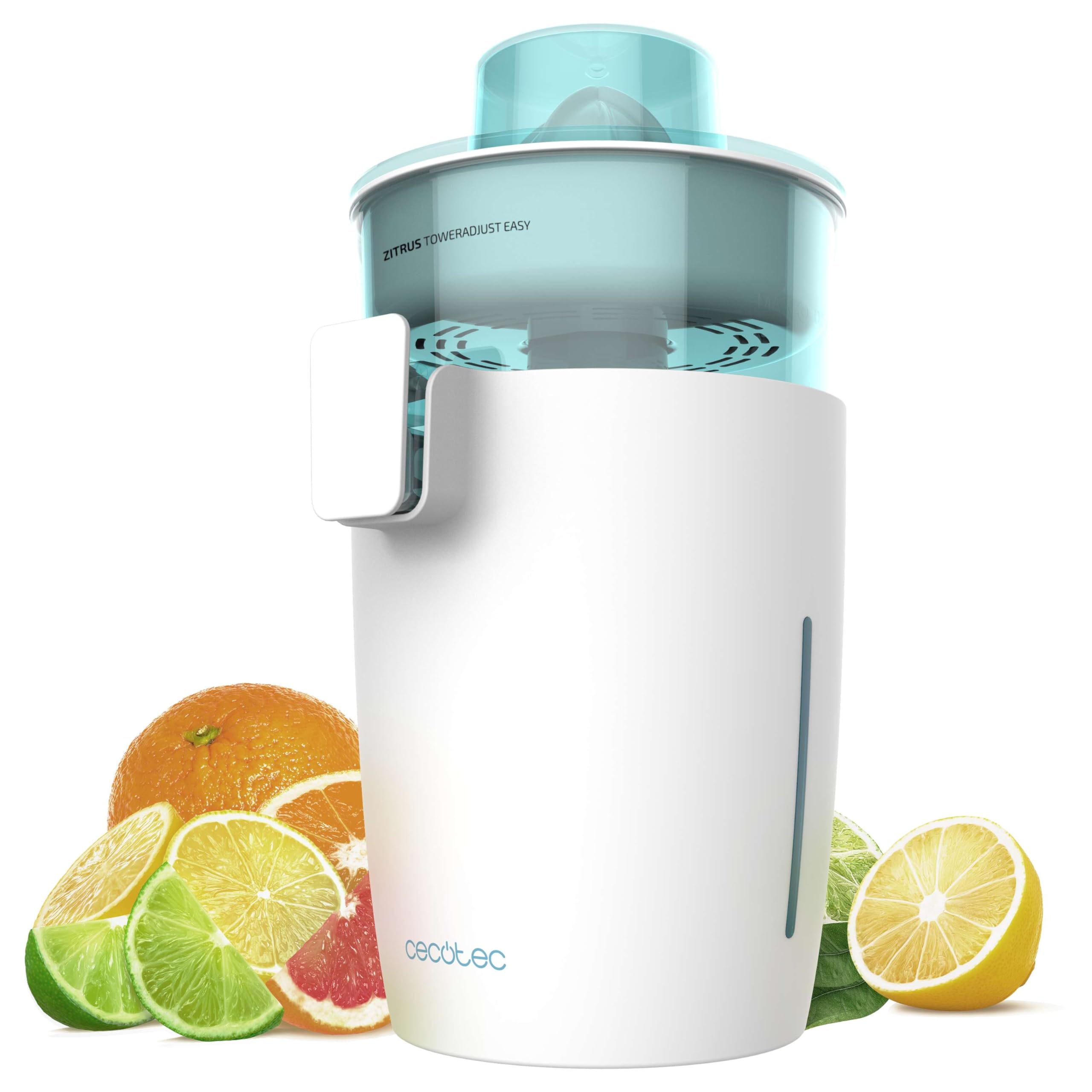 Cecotec Spremiagrumi Elettrico a Torre Zitrus TowerAdjust Easy 800 White. 800W, Filtro Polpa Regolabile, Filtro Inossidabile, 2 Coni Rimovibili, Accensione Automatica, Senza BPA, Antigoccia
