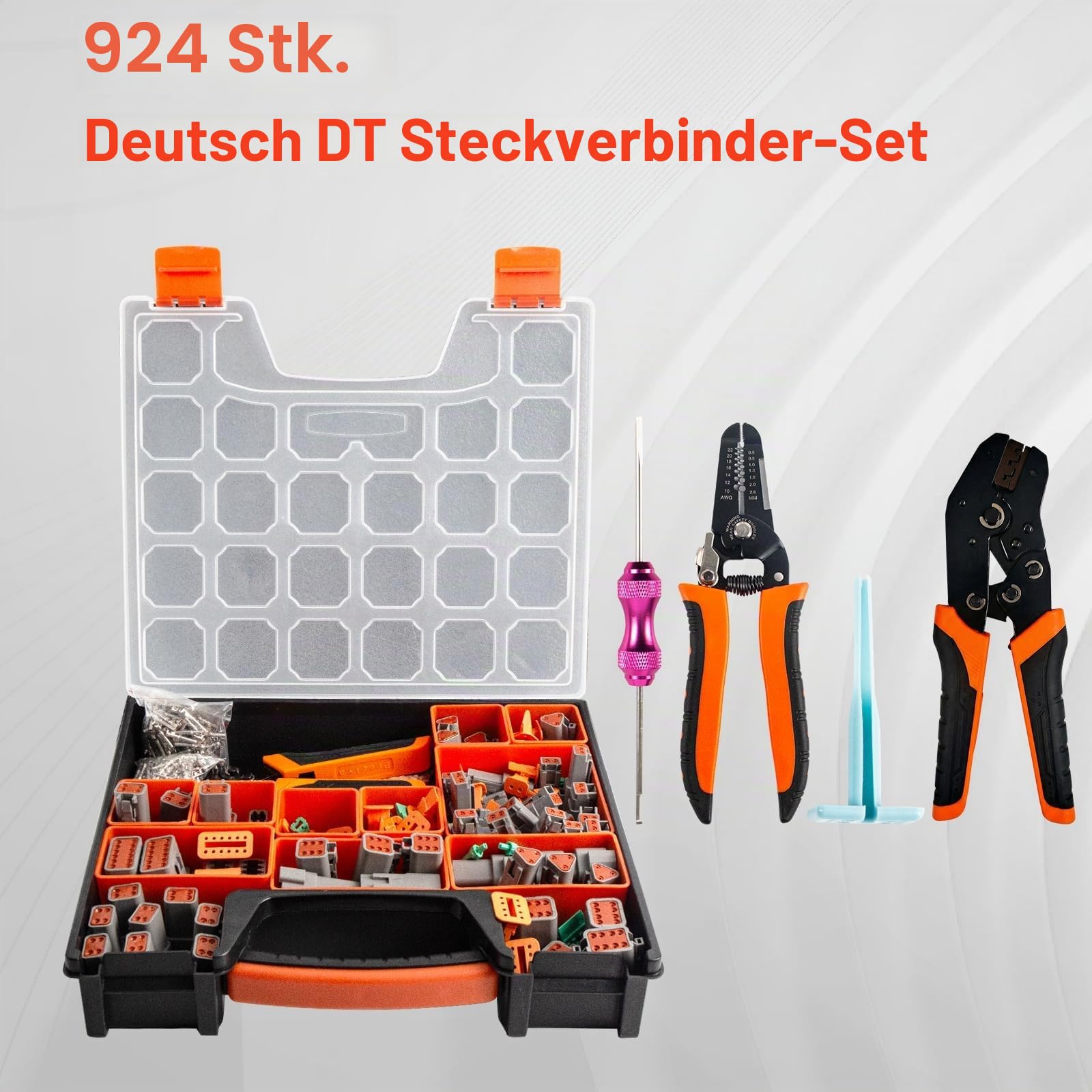 924-teiliges Deutsch Stecker Kit, DT Deutsch Steckverbinder Set, Kfz Steckverbinder mit Crimpzange, Abisolierzange & Entriegelungswerkzeug, 2/3/4/6/8/12-polig, kompatibel mit DT Serie