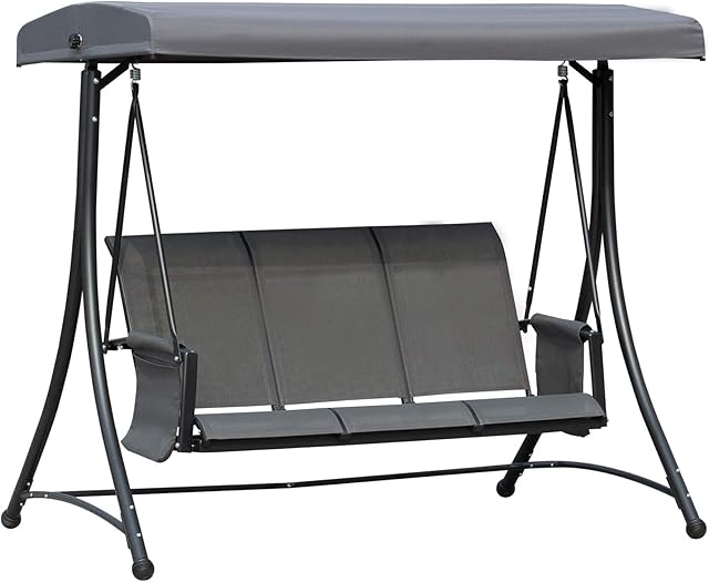 Outsunny 3 Seater Garden Swing Seat Outdoor Swing Chair with High Back Design, Steel Frame, Side Pouches, Adjustable Canopy, Charcoal Grey