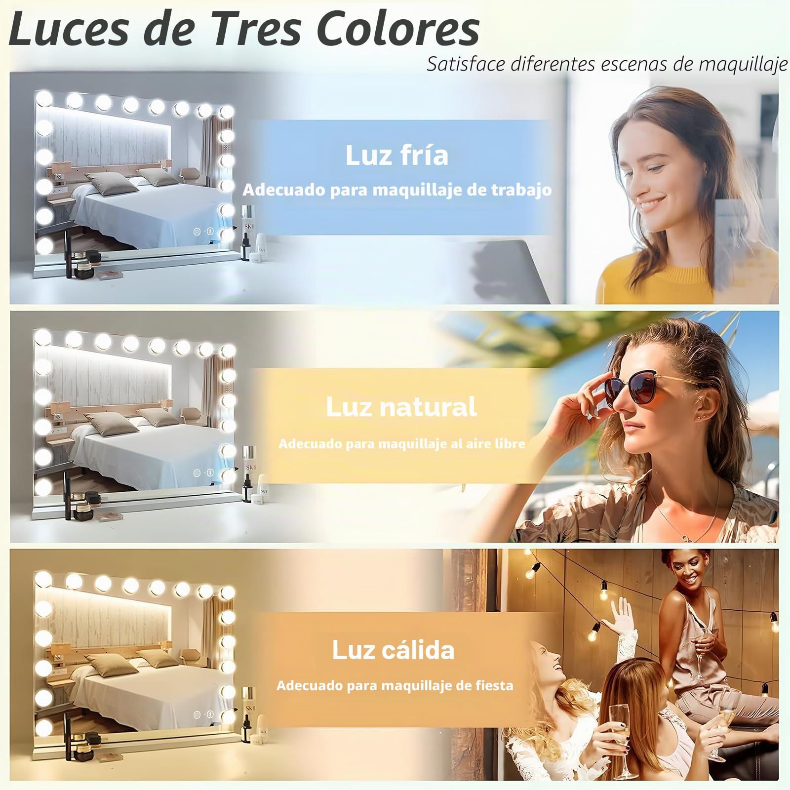 Hansong Hollywood - Espejo con Bluetooth (80 x 60 cm, con 18 Bombillas LED, Espejo, 3 Colores