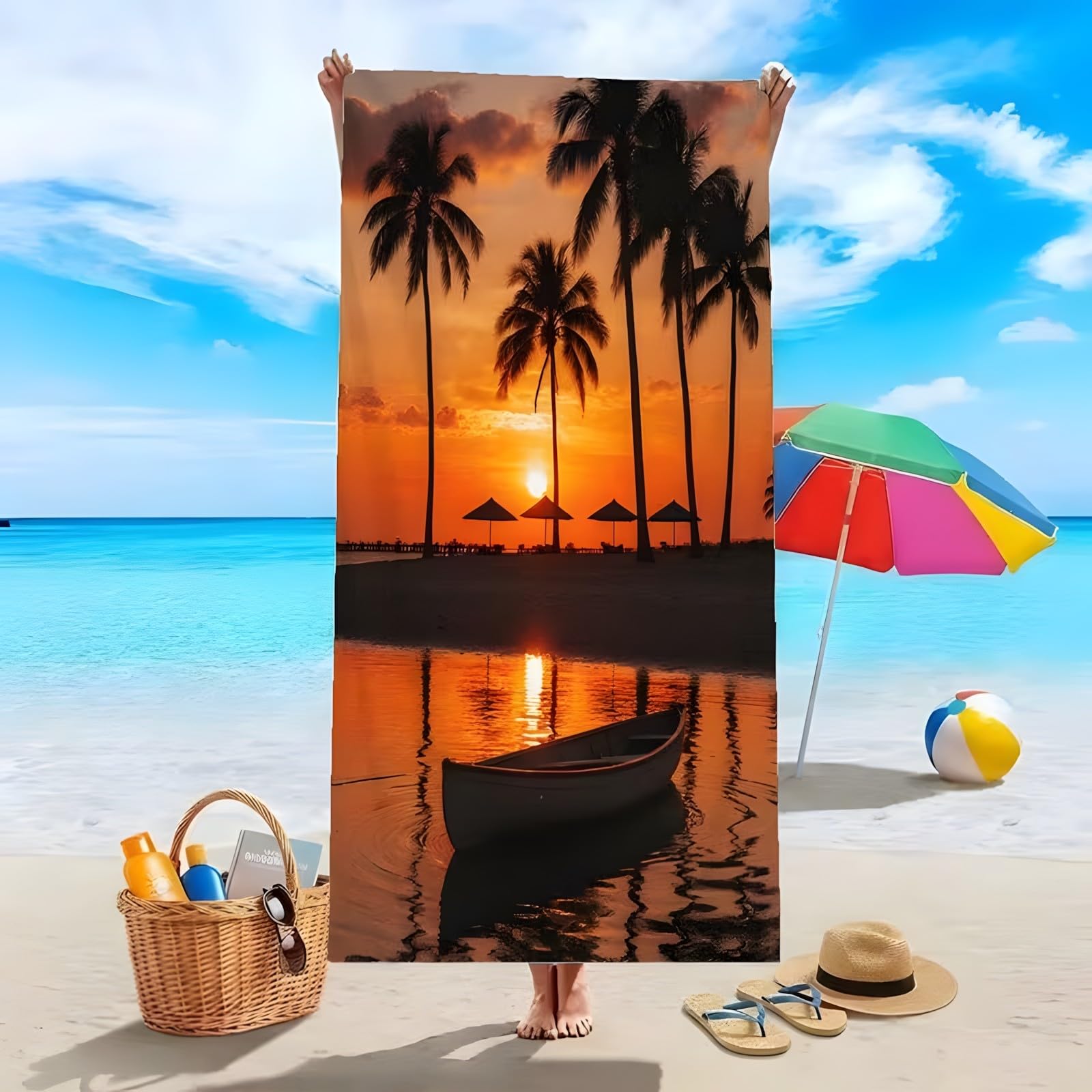 YZQGLHP Coconut Tree Microfibre Beach Towel Sunset Beach Bath Towel Quick Drying, Lightweight, Sand-Free, Durable, for Pool, Gym, Camping, Travel Towel 90x200cm