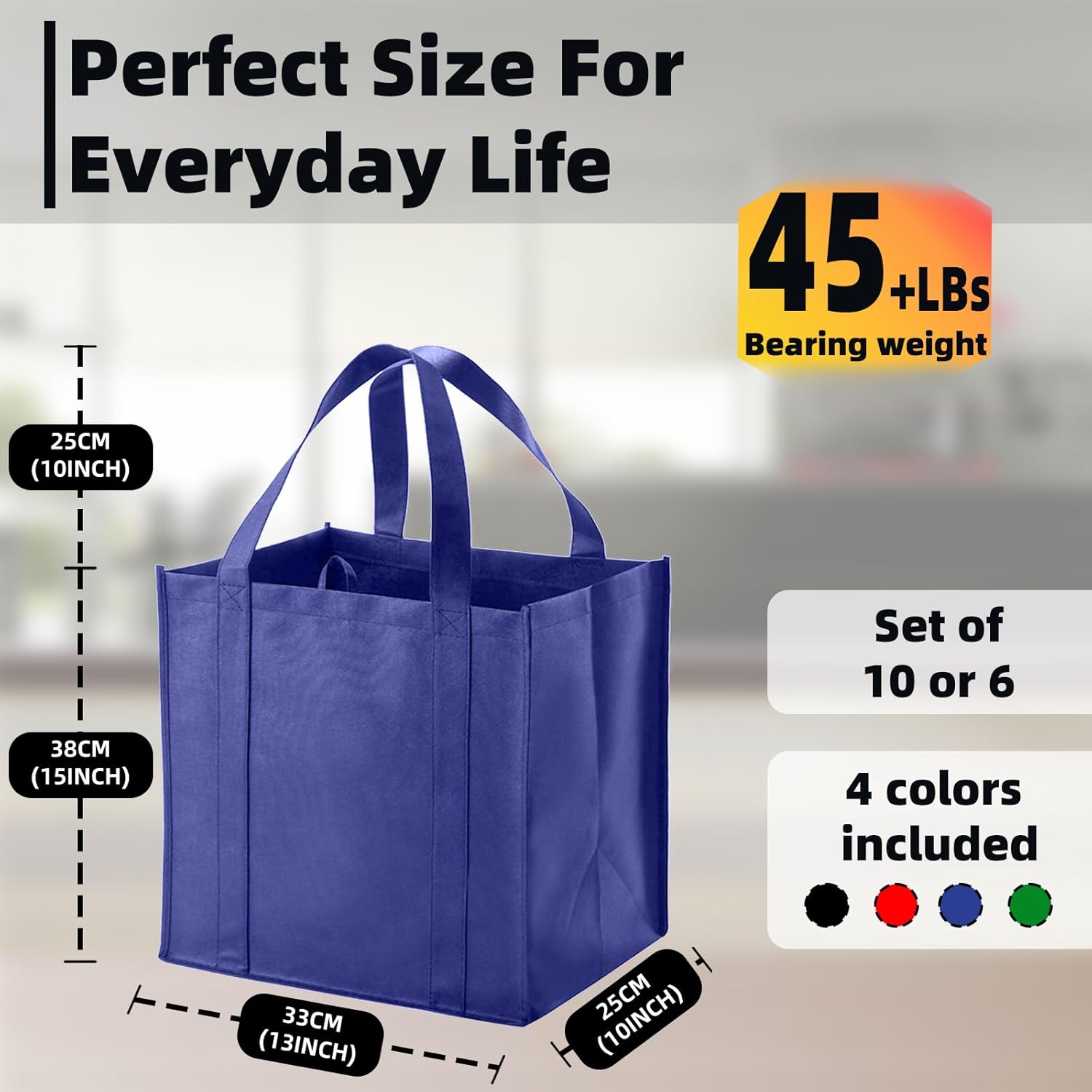 6 Pack Reusable Reinforced Handle Grocery Bags - Heavy Duty Large Shopping Totes with Thick Plastic Bottom can hold 45+ lbs (6, Blue) - Image 2