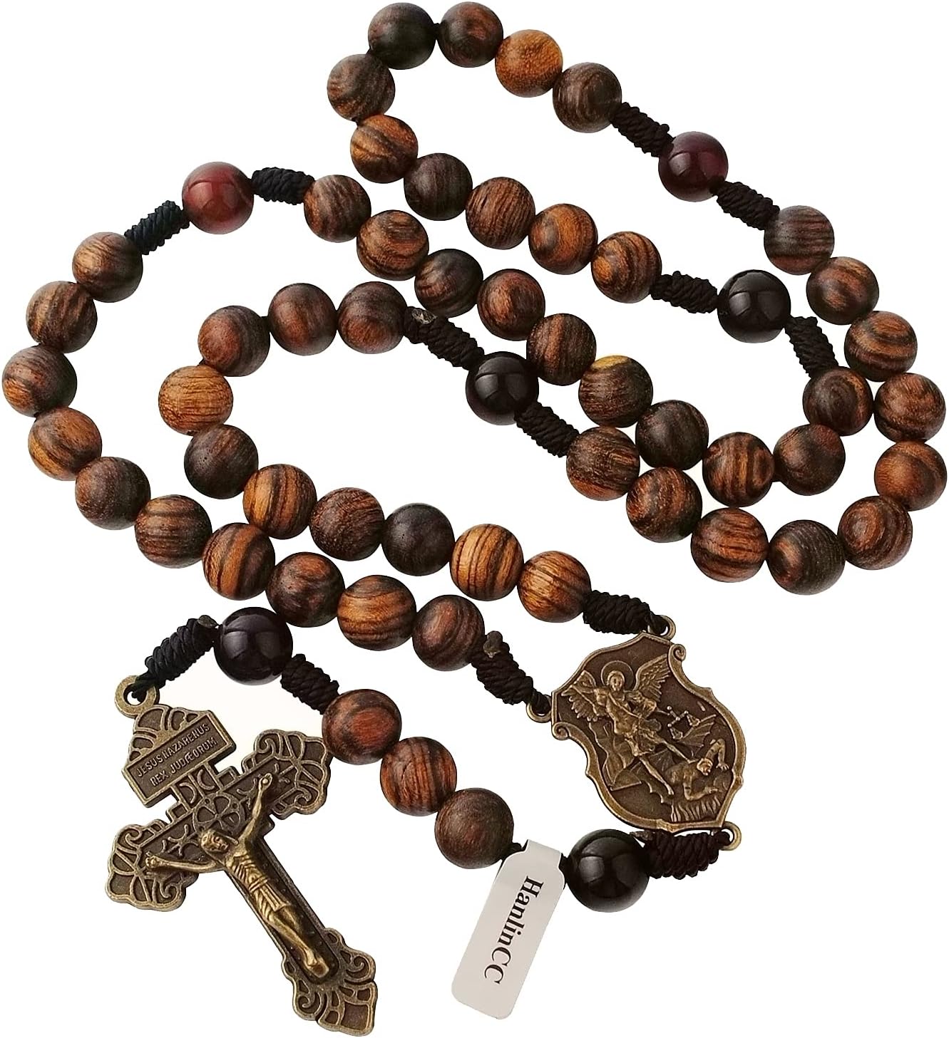 HanlinCC 10mm Handmade Solid Wood Beads with Agate Stone Our Father Beads Catholic Rosary Necklace for Men with St.Michael Center Piece and Pardon Crucifix