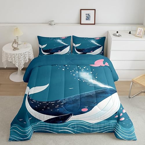 Miniatura 32 de Erosebridal Juego de edredón de ballena náutica, tamaño matrimonial, juego de ropa de cama retro azul con ondas oceánicas para niños y niñas, Negro