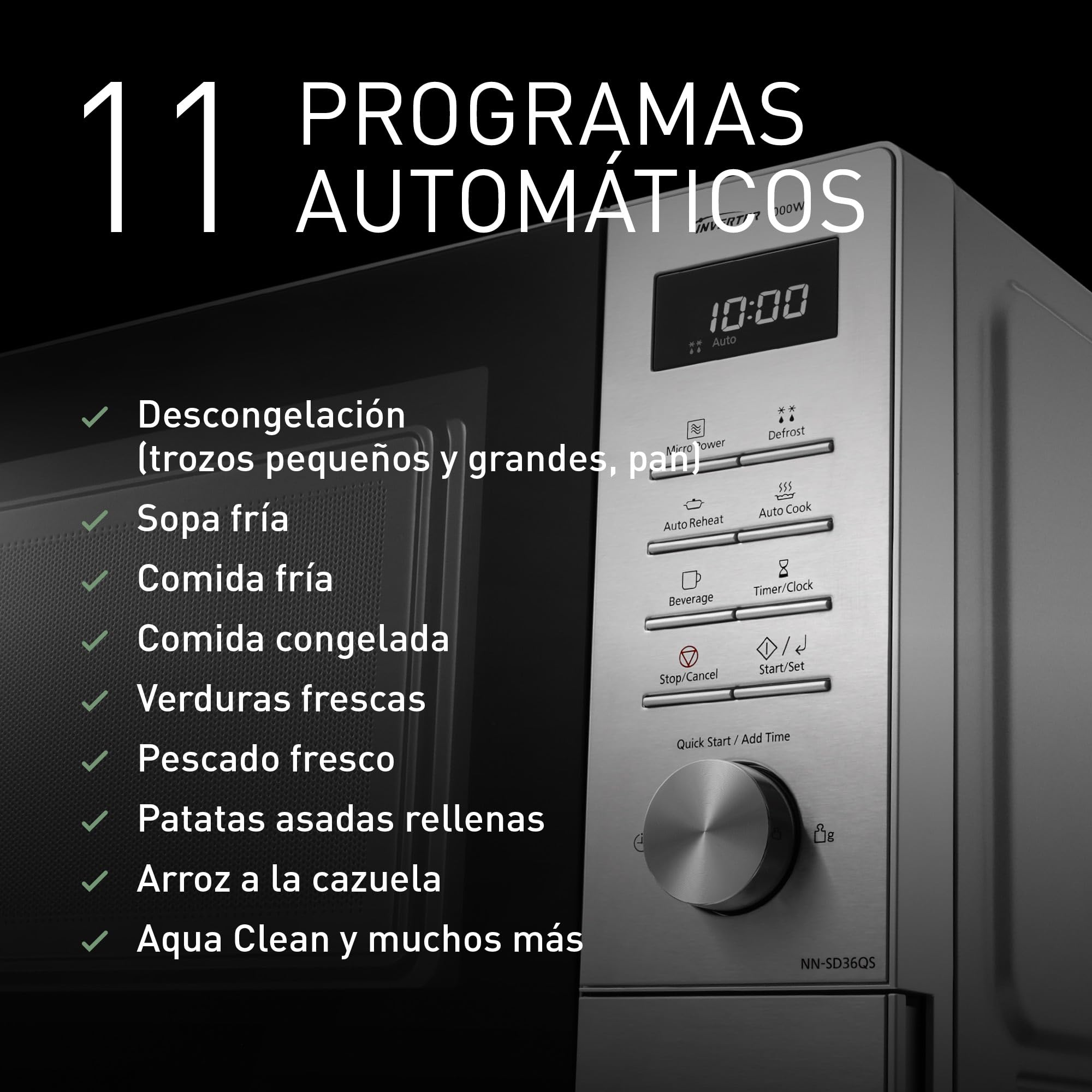 Panasonic NN-SD36QSEPG Horno Microondas de 29 L, 1000 W, Descongelación Automática, 11 Programas Automáticos, Temporizador, Plateado
