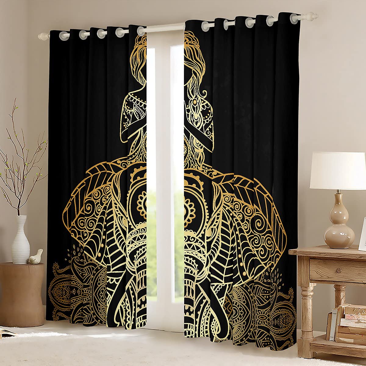 Boho słonie zasłony, złote zasłony okienne z mandalą dla chłopców dziewcząt nastolatków, indyjska dziewczyna nadruk zasłony okienne dekoracja domu, elegancki egzotyczny styl zaciemniające zasłony do salonu sypialni, 46 szer. x 72 l