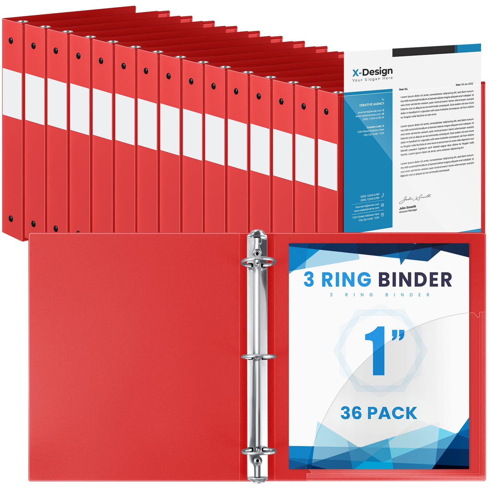 Henoyso 36 Pack 1 Inch 3 Ring Binder with Clear Cover Fit Letter Size 8.5" x 11" Paper Holds 240 Sheets, Bulk Binders for Organizing School, Office & Classroom Documents, 1 Pocket (Red)