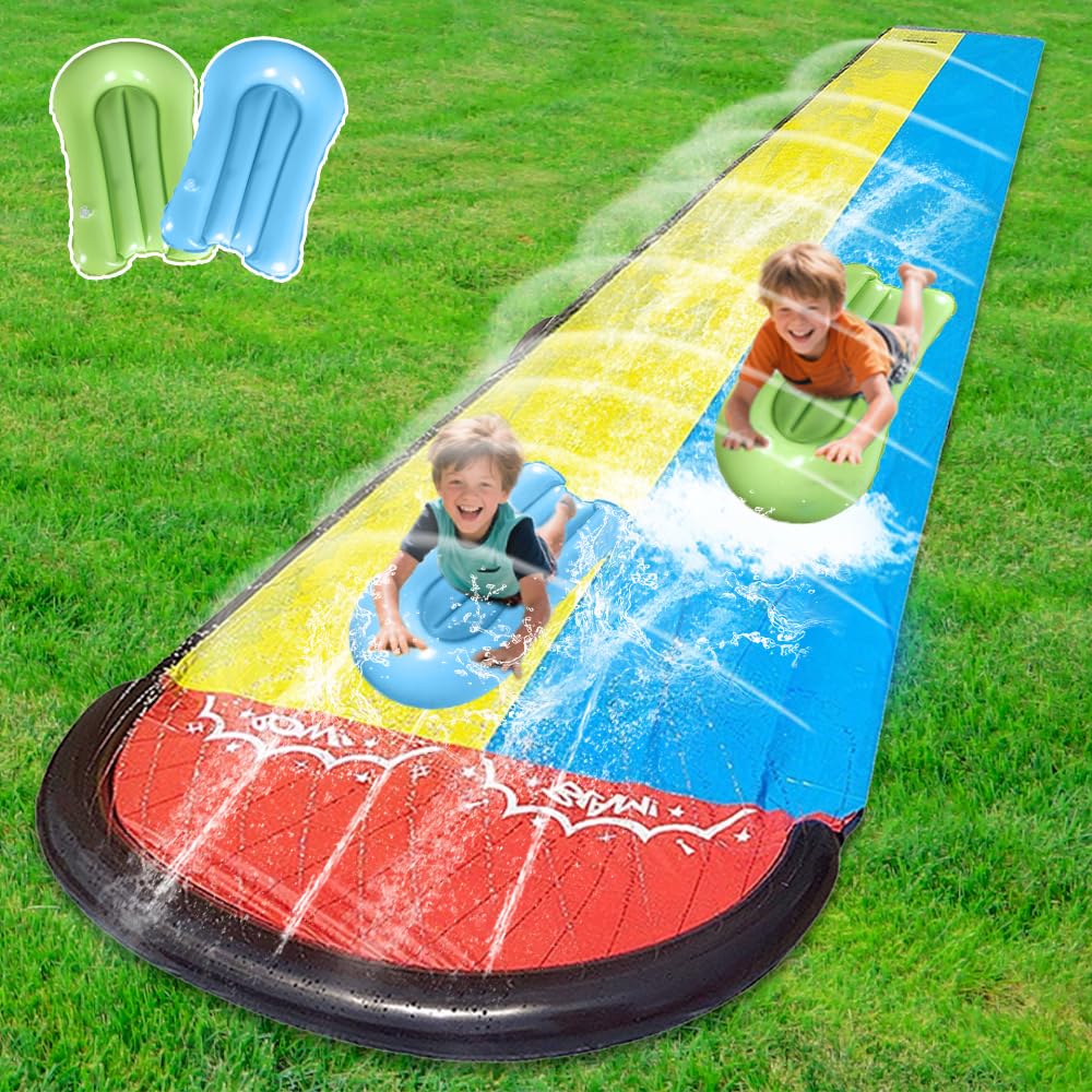 240x55in Toboggan Aquatique, Toboggan d'eau avec 2 Bodyboards, Oboggan d'eau Robuste pour Pelouse avec Arroseur Intégré, Jouets d'été pour Adultes et Enfants