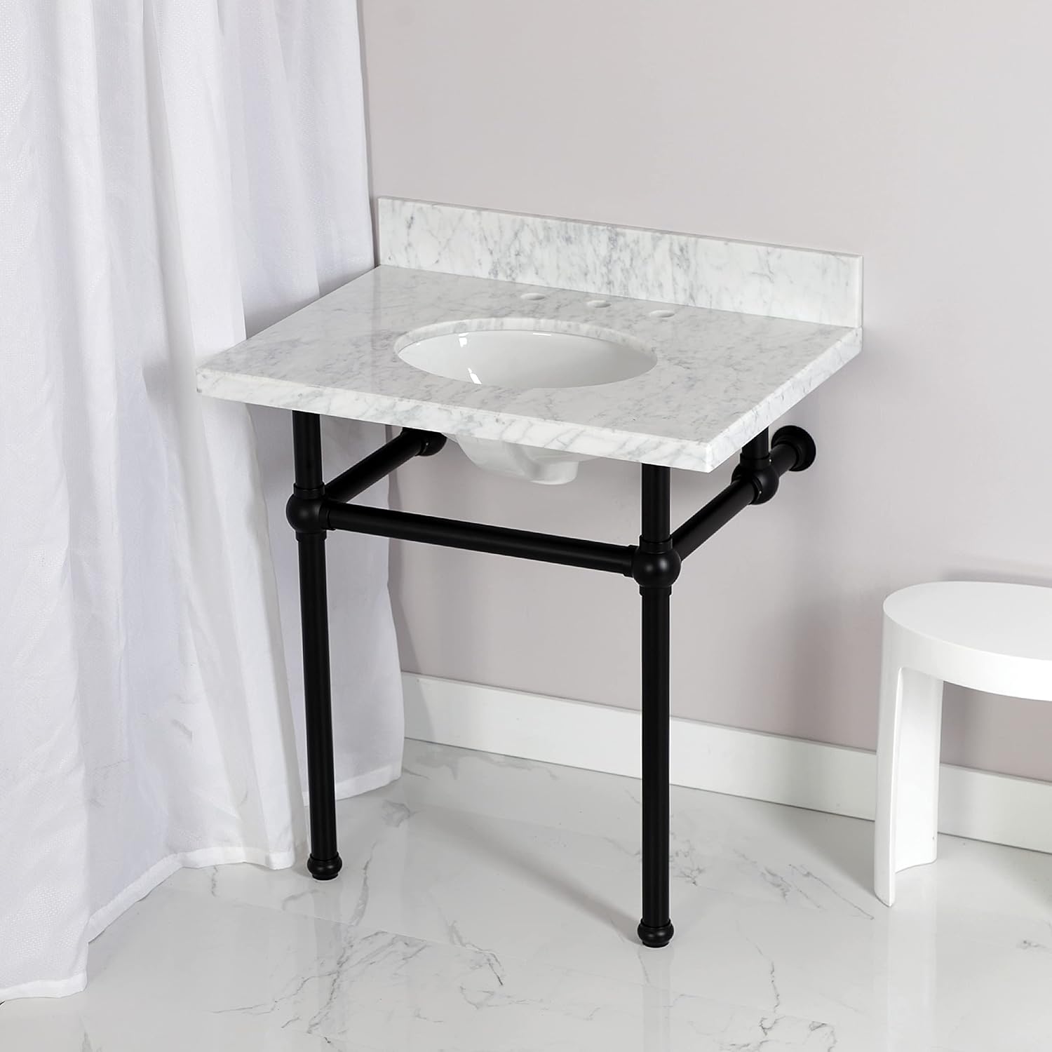 Kingston Brass KVPB3030MB0 Templeton 30" x 22" Carrara Marble Vanity Top with Brass Console Legs, Carrara Marble/Matte Black