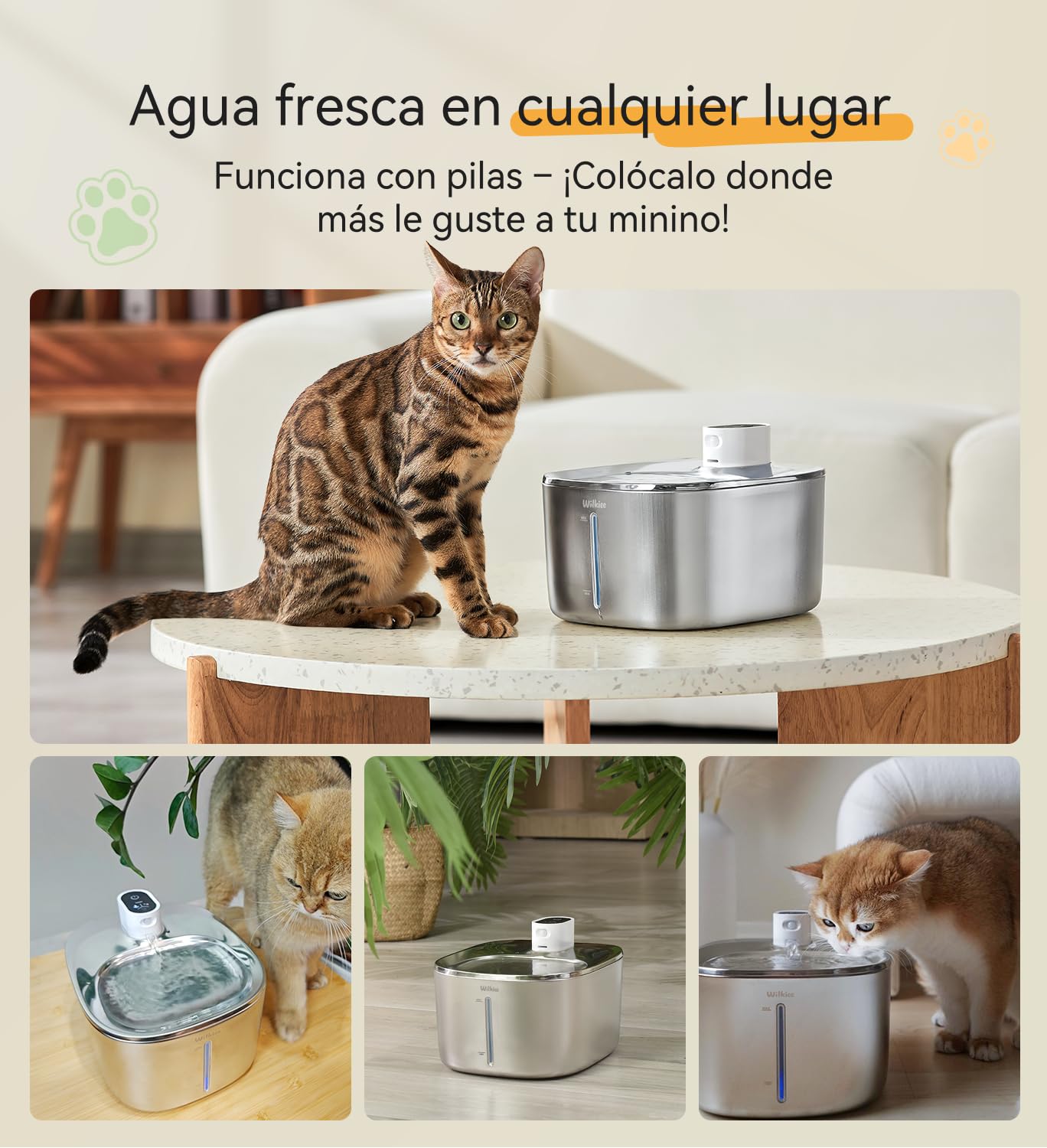Fuente de Agua para Gatos, Acero Inoxidable, 4.1 L, dispensador de Agua inalámbrico para Mascotas, para Gatos y Perros en Interiores | 3 modos (sensor/tiempo/duración), filtro silencioso para gatos y perros pequeños con 1 filtro de repuesto