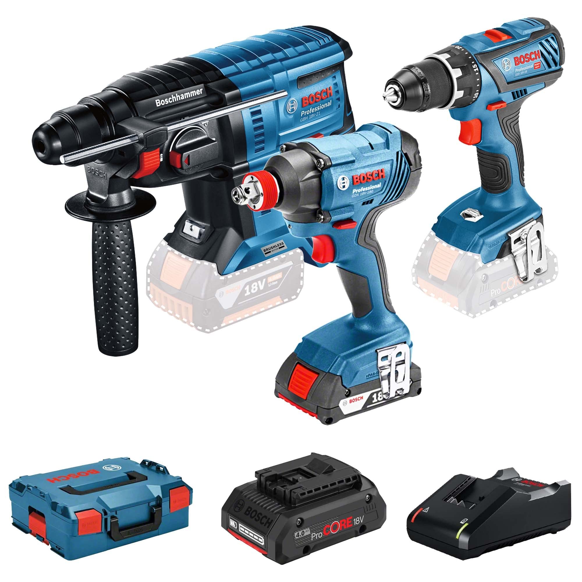 BOSCH ROBERT PRO Kit 3 strumenti Bosch 18 V GSR/GDX/GBH + 3 X 4.0AH-0615990M0V