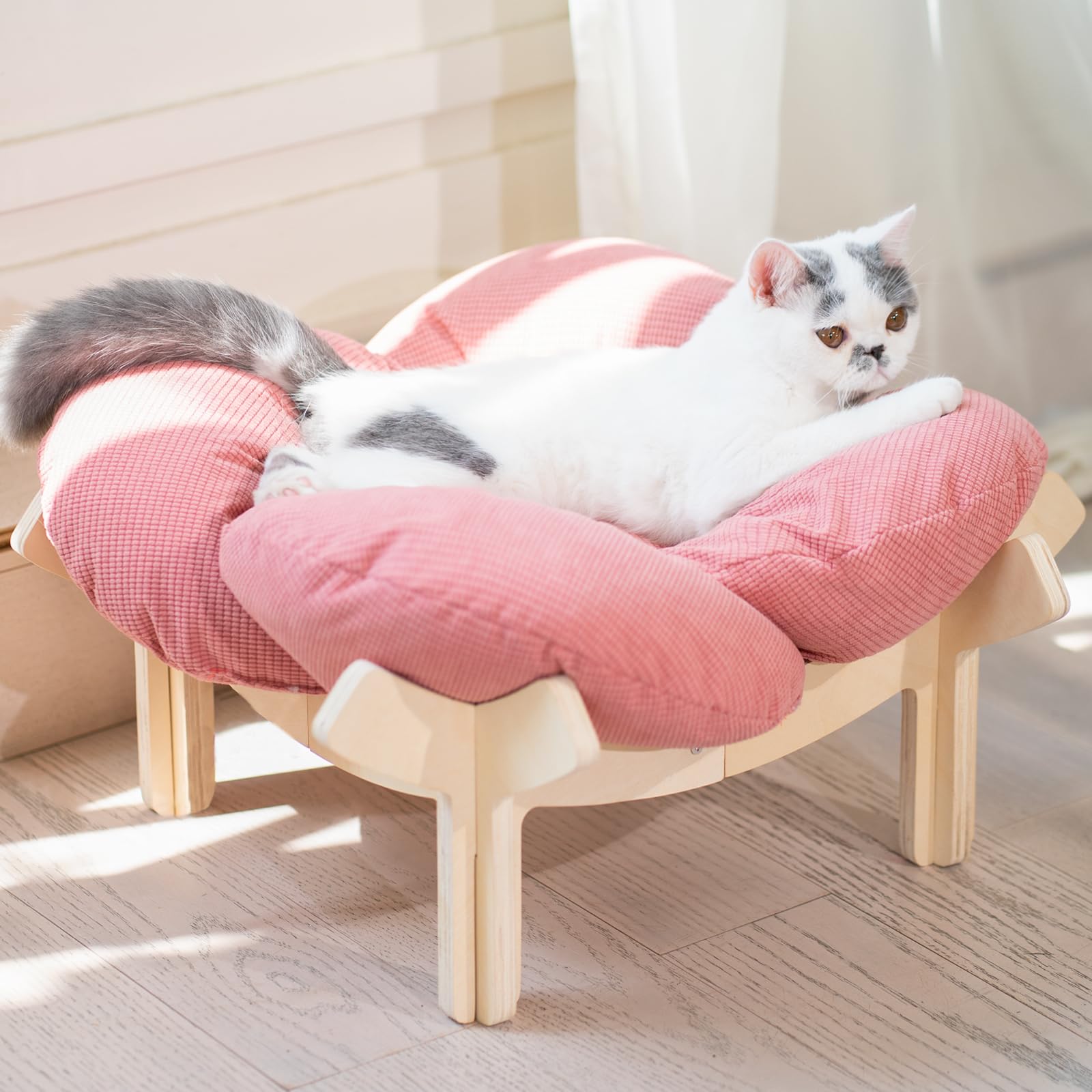 CHEERHOME PETS Elevated Cat Bed Wooden with Cushion Fluffy Pet Couch Sofa for Indoor Cats Raised Kitty Lounge Chair Suitable for Puppy, Cat Furniture(