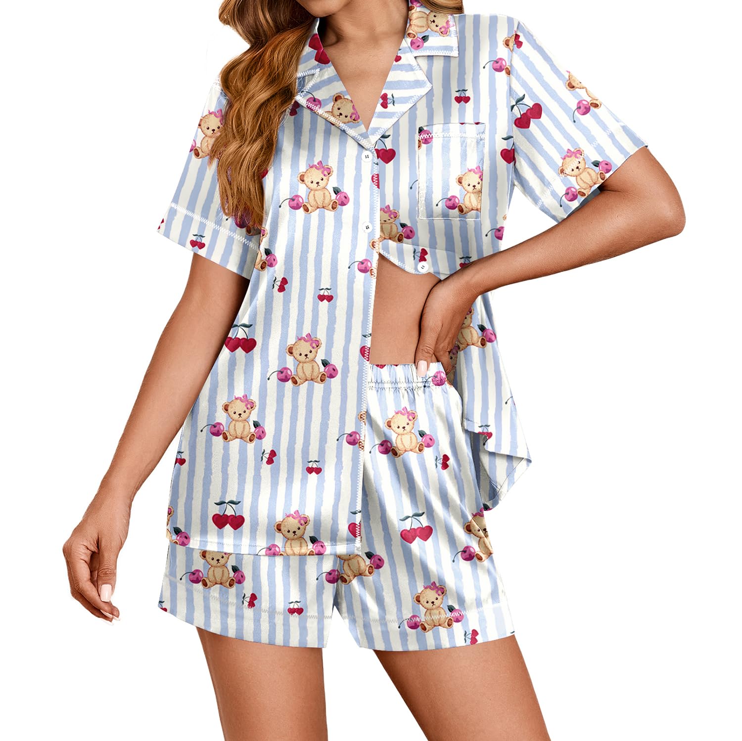 Ekouaer Womens Satin Silk Pajamas Set Short Sleeve Sleepwear Button Down Top and Shorts Loungewear 2 Piece Pjs Set S-XXL