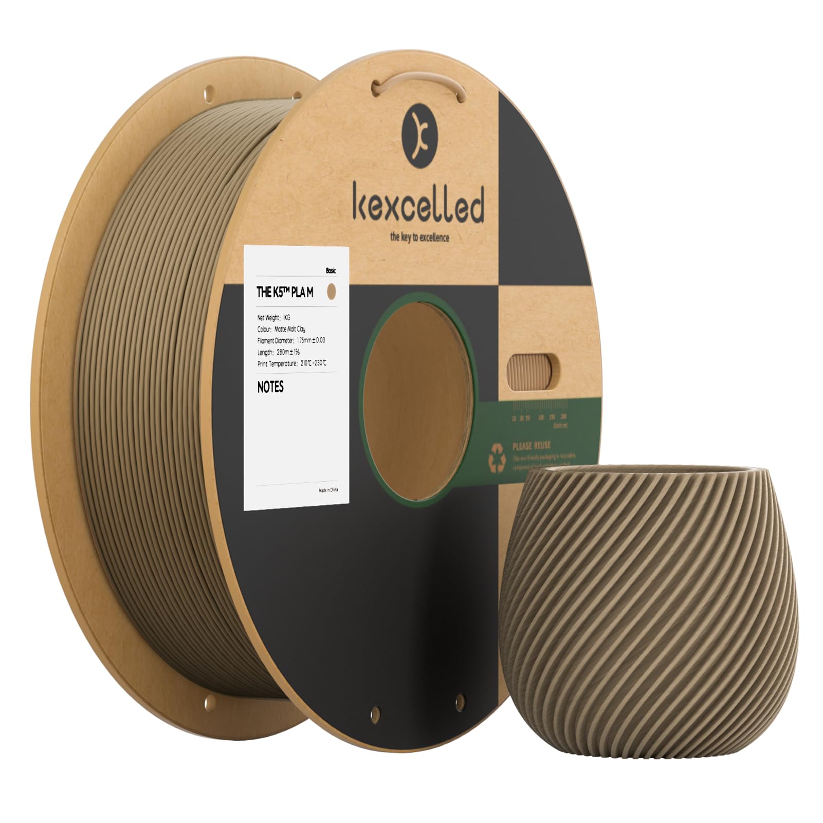 PLA Matte Filamento kexcelled 1,75mm, Superficie Opaca Aggiornato, per la Maggior Parte delle Stampanti FDM 3D, Bobina di Cartone di Aggiornamento +/- 0,03mm, 1kg (2,2lbs), Argilla di Malto