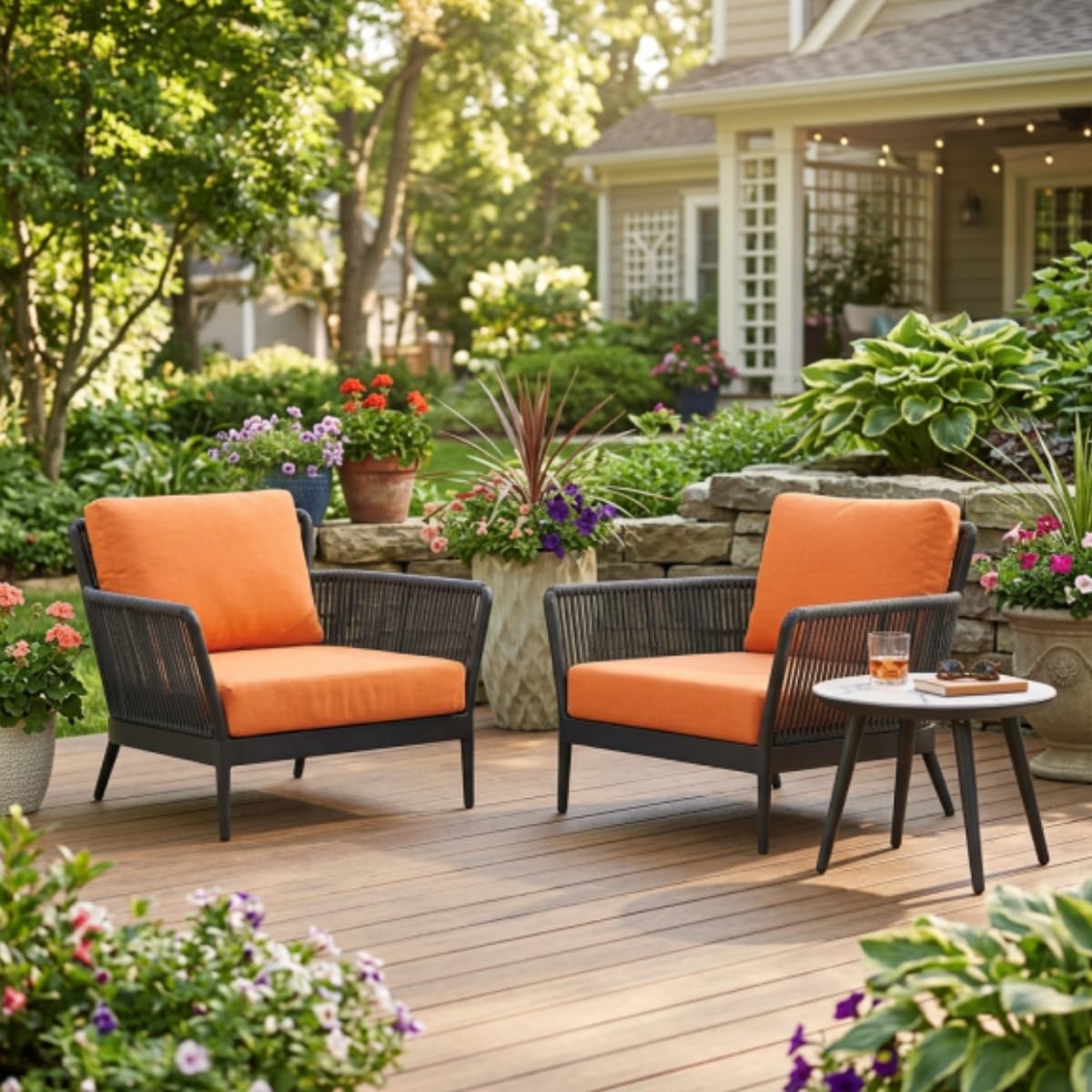 Outdoor Patio Furniture Sofa Set, 3-Piece Premium Conversation Set Waterproof with Washable Soft Cushion Grey Rope Bistro Furniture with Orange Cushions, Ideal for Balcony, Backyard, or Porch (orange)-image-30