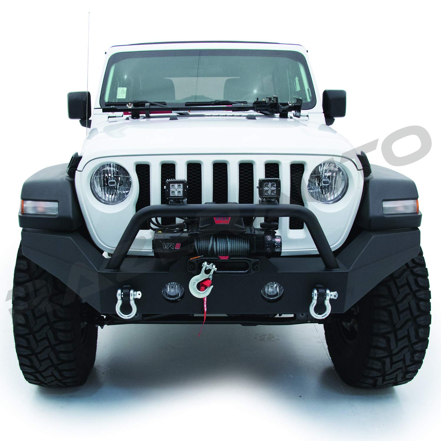 Razer Auto Black Textured Rock Crawler Full Width Front Bumper w/Winch Plate & 2x D-Ring & Fog Light Hole for 18-19 Jeep Wrangler JL