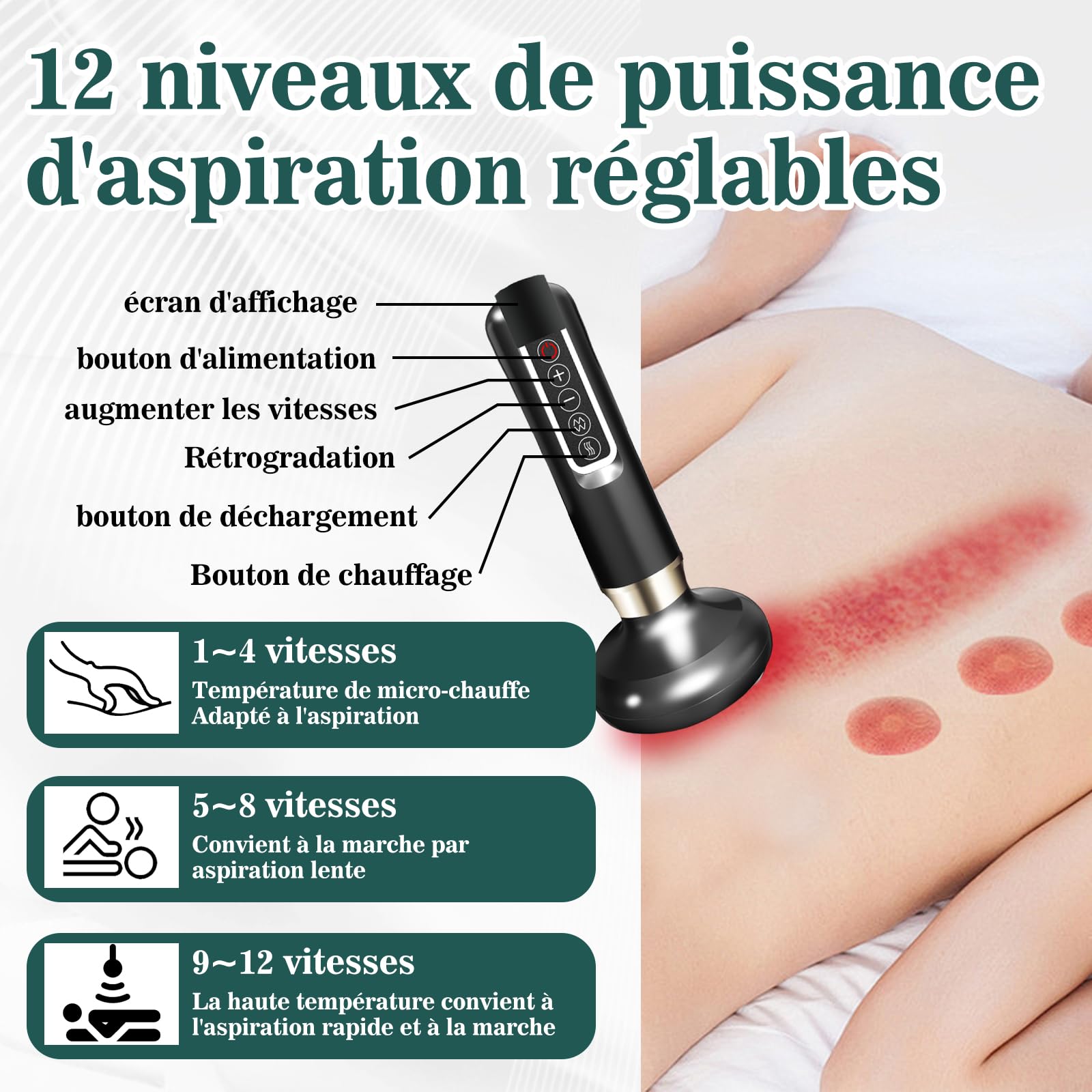 Masseur Anti Cellulite 12 Niveaux Appareil de Gua Sha à Usage Domestique Anti Cellulite Puissant Appareil Masseur Ventouse Electrique Anti Cellulité Sculpture (Gris)