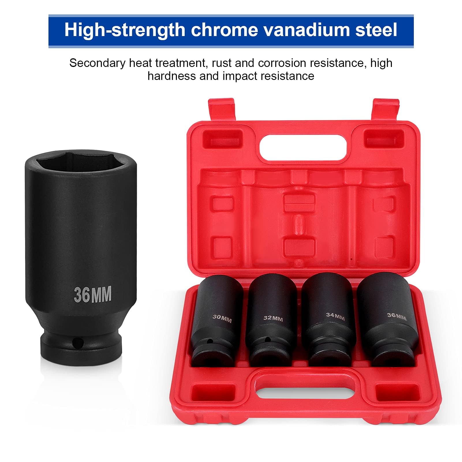 Set di 4 Dadi per Chiavi a Percussione, Set di Inserti per Chiavi a Bussola Ad Alto Impatto 1/2 Pollice Set di Dadi Esagonali 30-36 Mm, Attrezzo per Alberi di Trasmissione dei Dadi con Cassetta