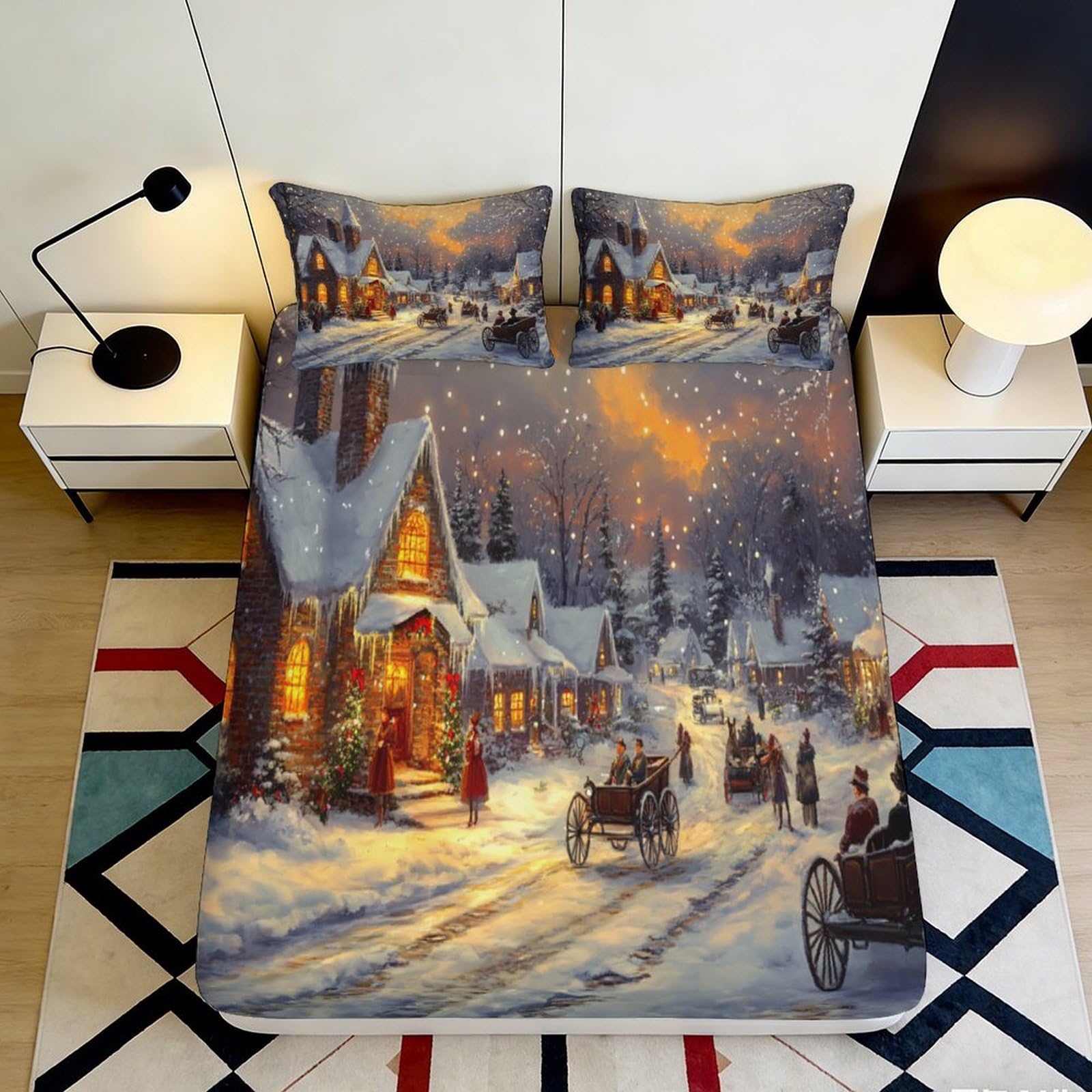 3D Printed Winter Village Fitted Sheet Microfiber Soft Snowy Street Bed Cover for Bedroom Guest Room Decor 180x200x25cm