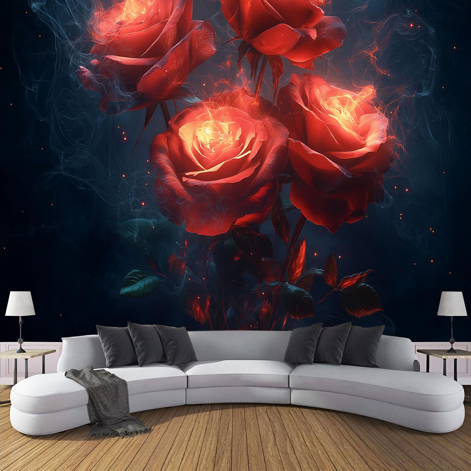 Papier peint panoramique rose pour agrandir un salon lumineux